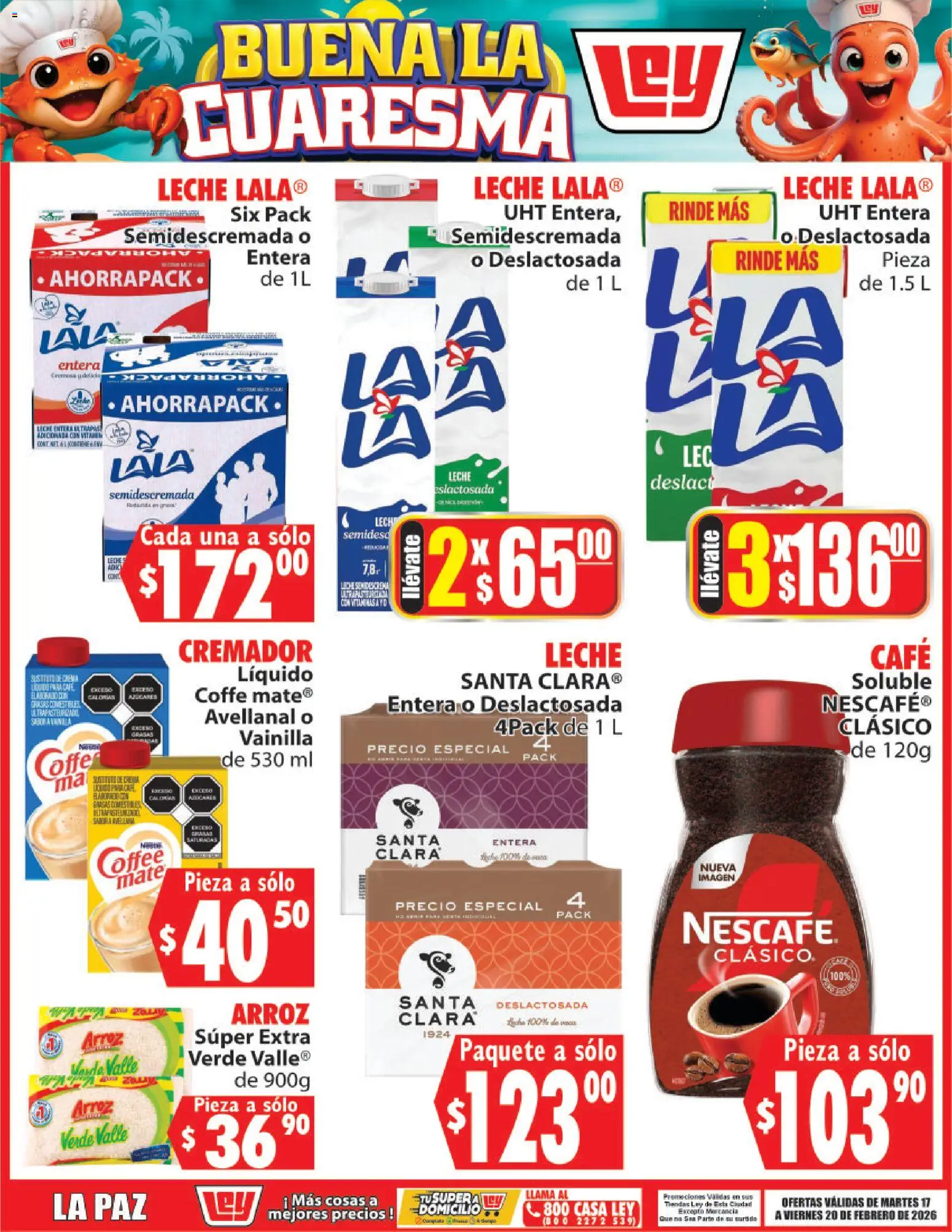 Nuevas ofertas de Casa Ley válidas en toda la República Mexicana desde el 17.02.2026. ¡Encuentra las mejores ofertas en Casa Ley folleto Buena la Cuaresma! | Página: 4 | Productos: Leche, Café, Arroz, Mate