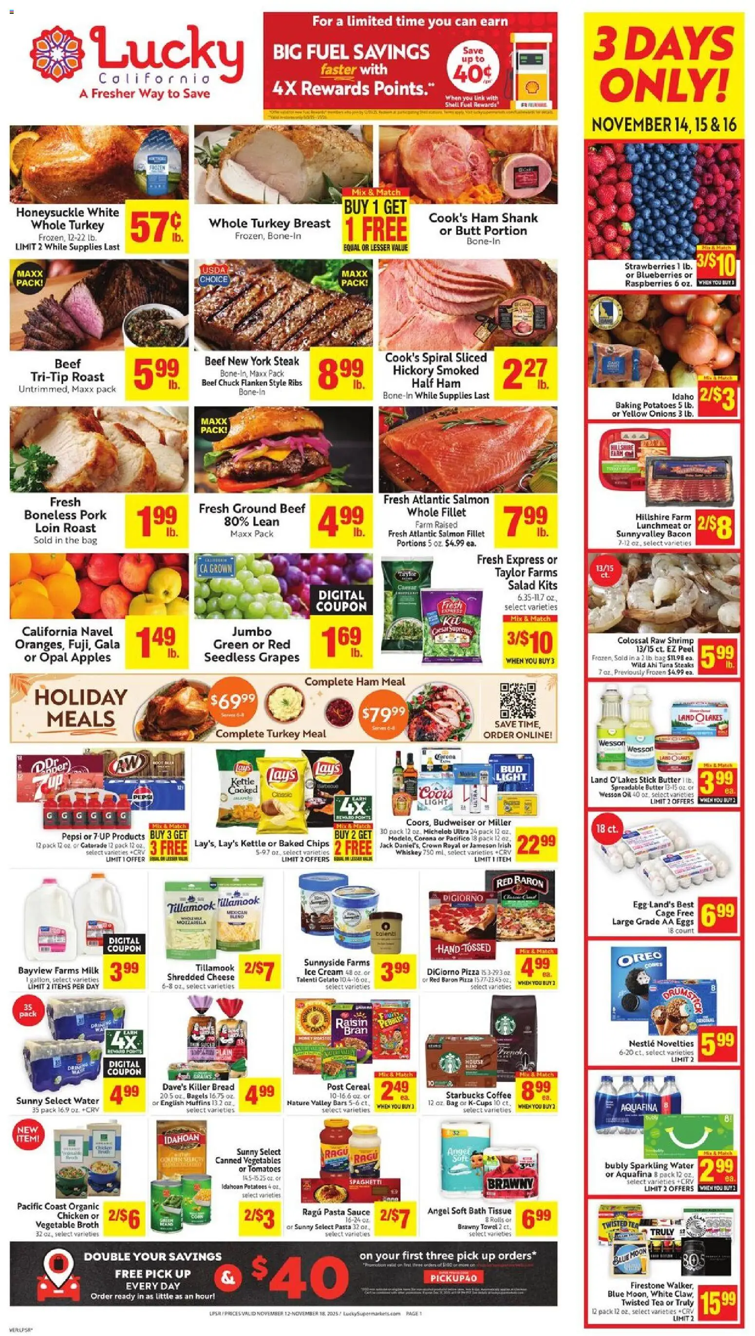 Lucky Supermarkets Weekly - AK - valid from 12.11.2025 | Page: 1 | Products: Milk, Bread, Tomatoes, Water