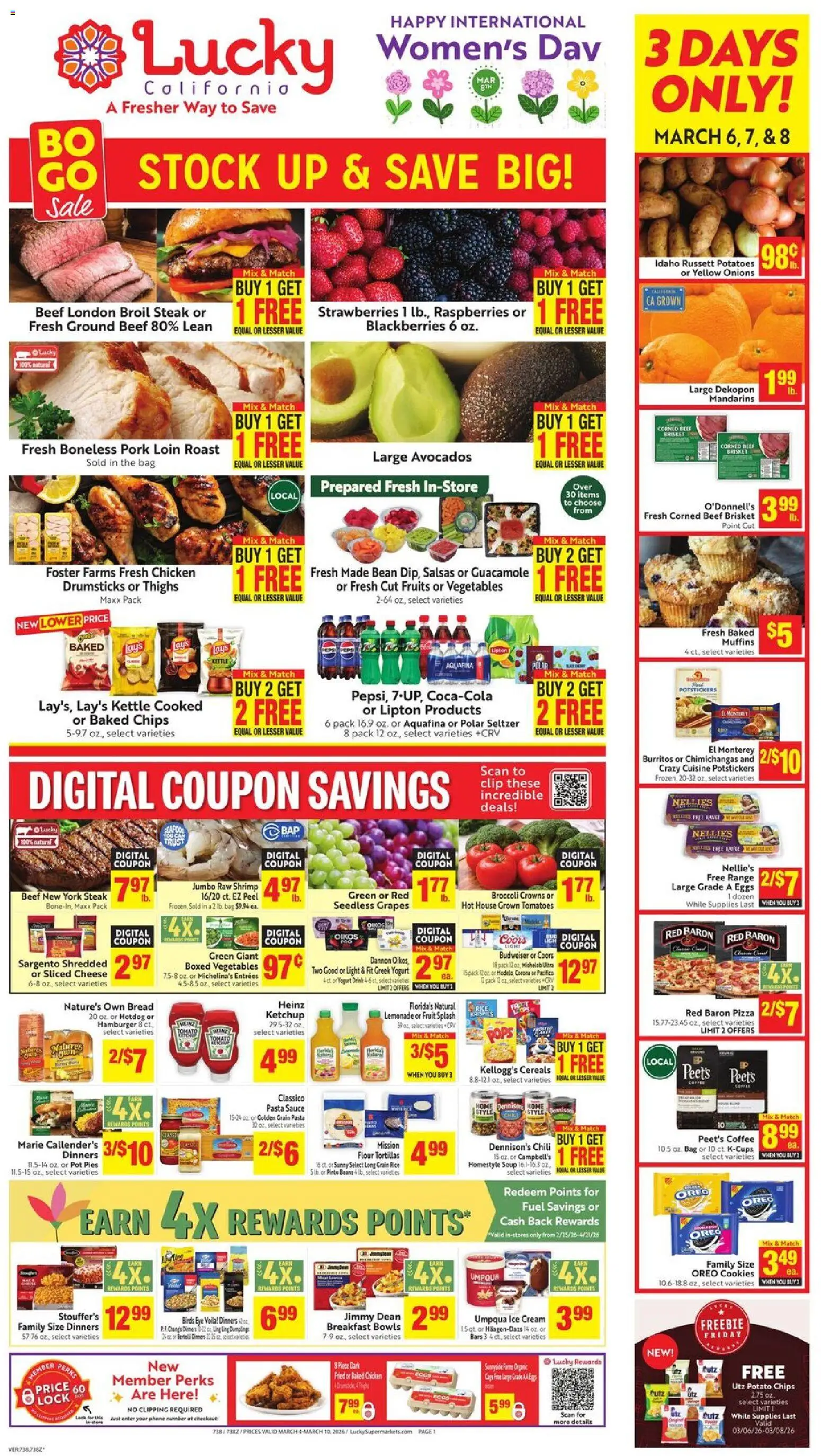 Lucky Supermarkets Weekly - CA - valid from 04.03.2026 | Page: 1 | Products: Strawberries, Cookies, Grapes, Phone