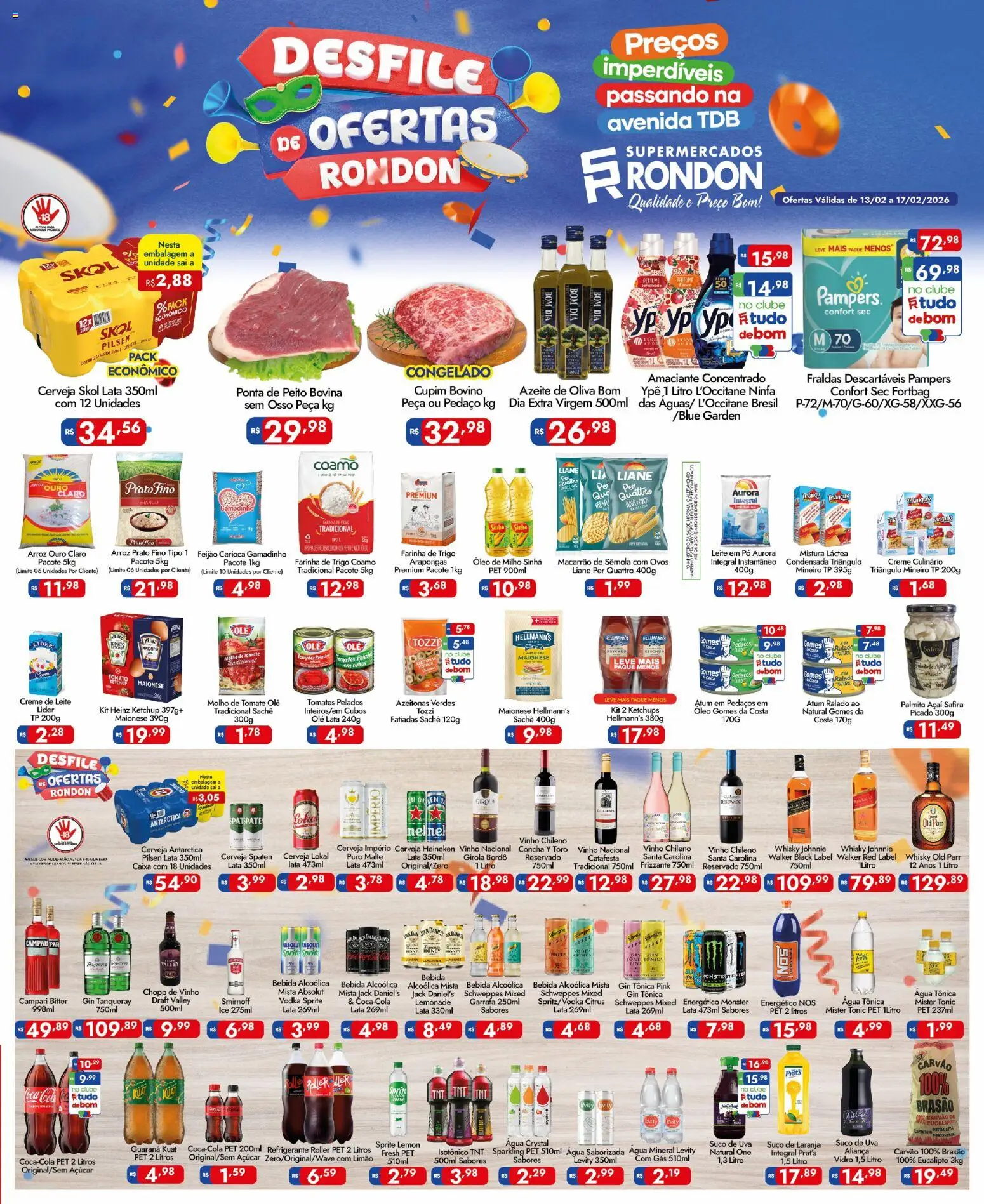 Supermercados Rondon Folheto - válido de 13.02.2026 | Página: 1 | Produtos: Palmito, Ovos, Cerveja, Gomes da costa