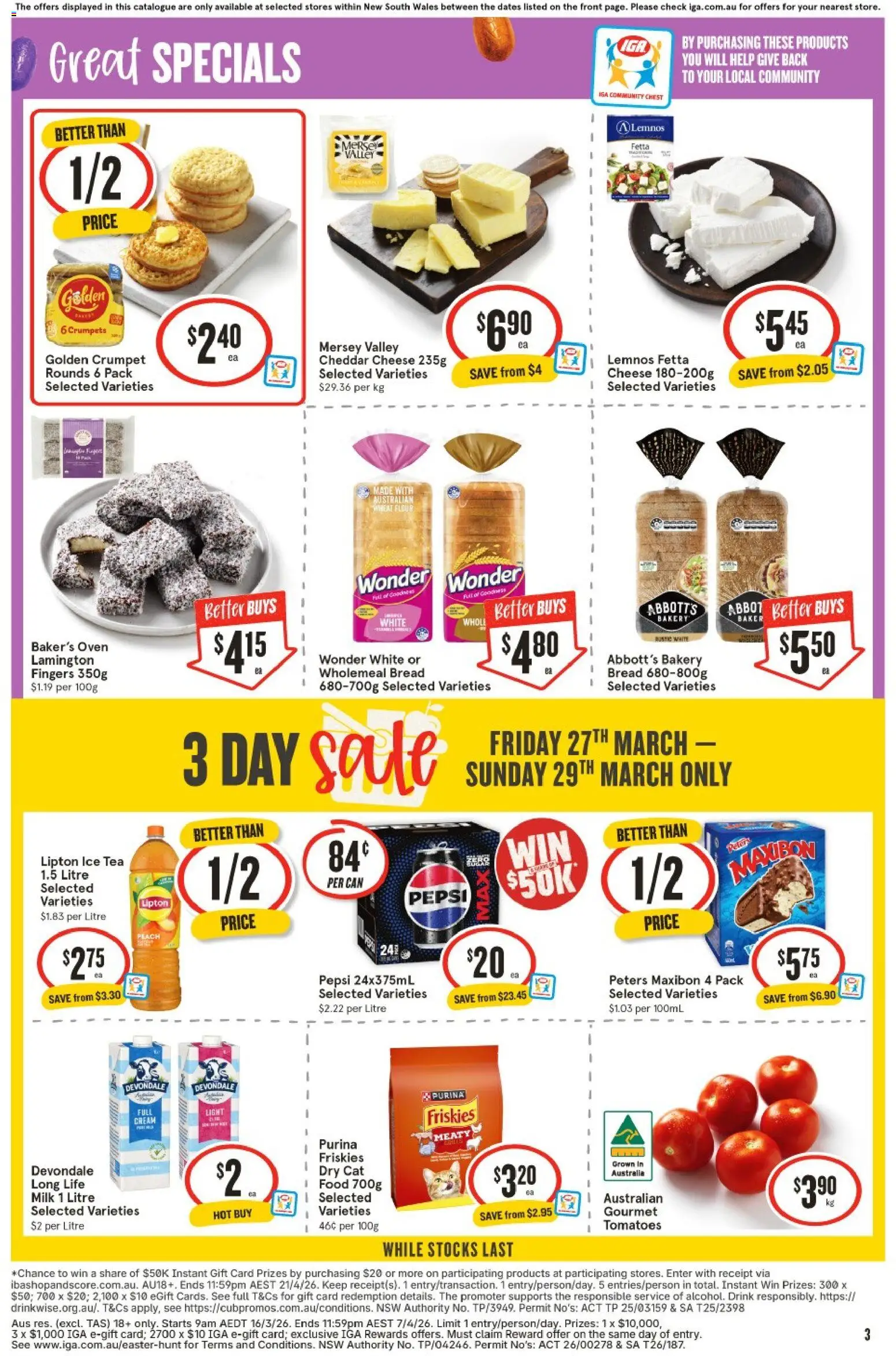 IGA catalogue - valid from 25.03.2026 | Page: 3 | Products: Light, Crumpets, Cheese, Flour