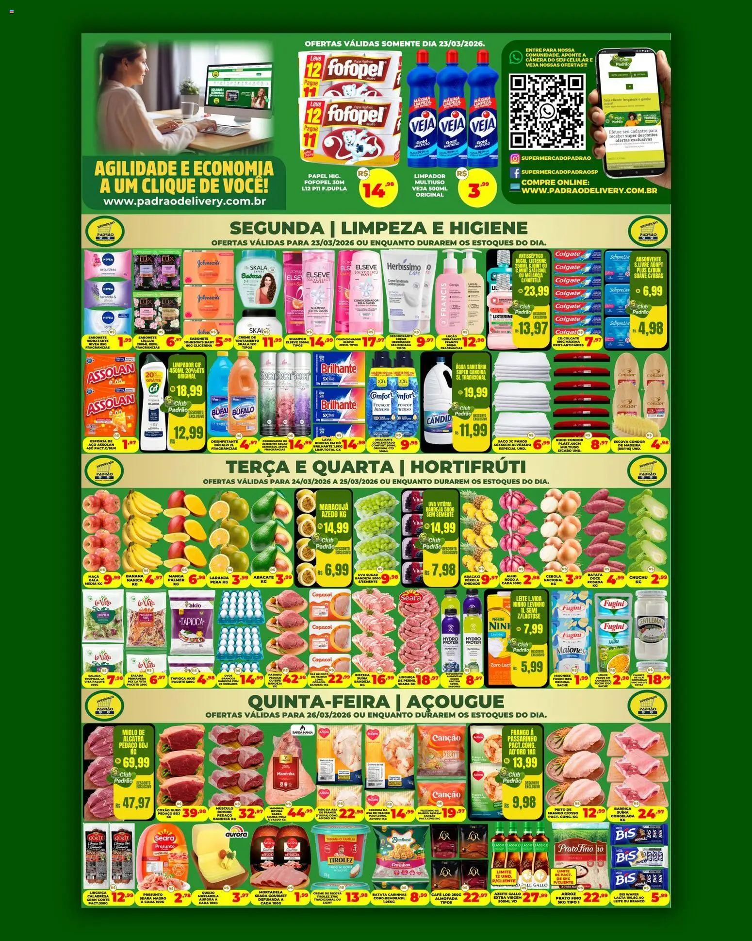 Supermercado Padrão Folheto - válido de 23.03.2026 | Página: 1 | Produtos: Cereja, Chuchu, Palmito, Abacaxi