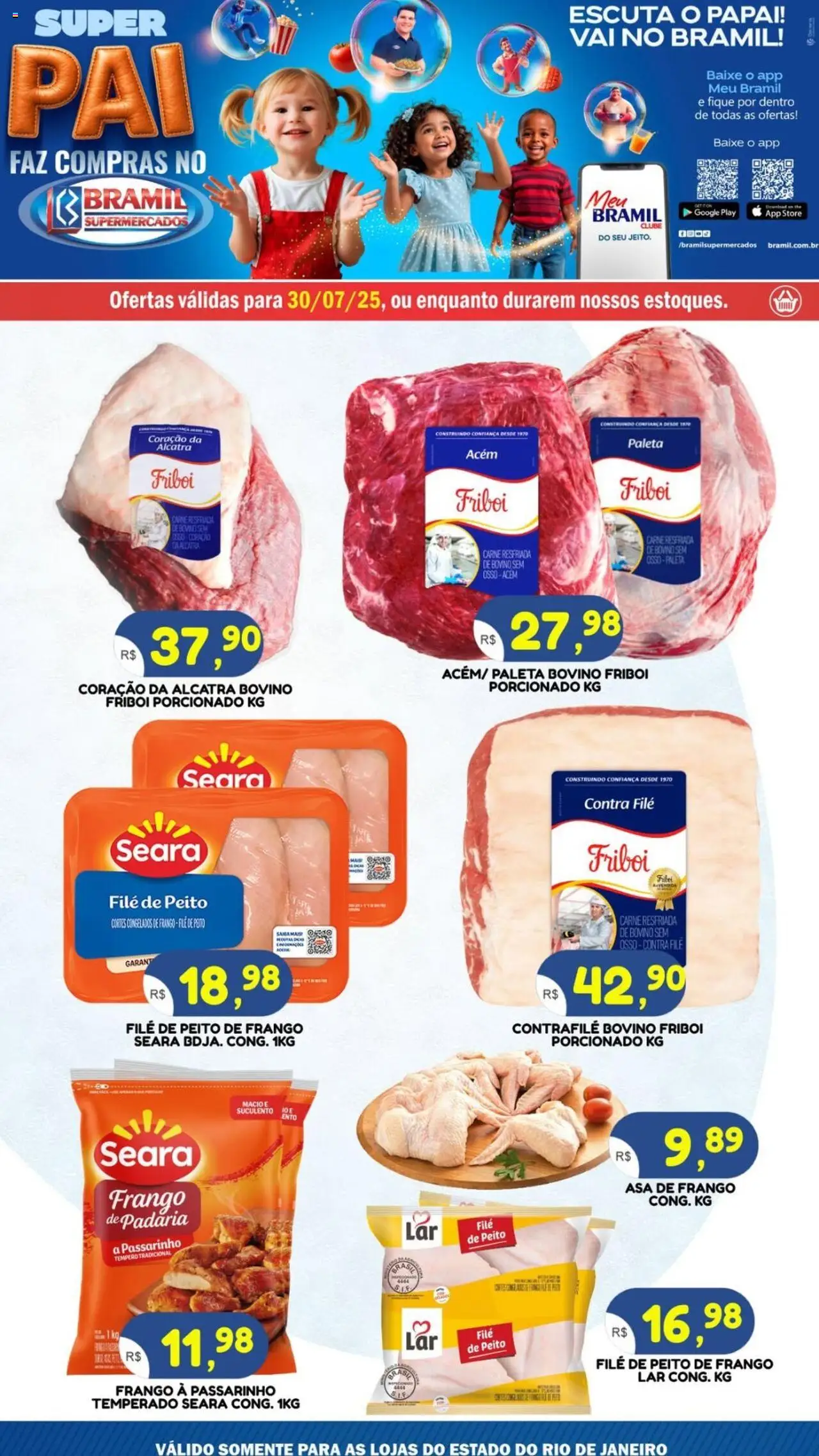 Bramil Supermercados Folheto - válido de 30.07.2025 | Página: 1 | Produtos: Acém, Contra filé, Asa de frango, Peito de frango