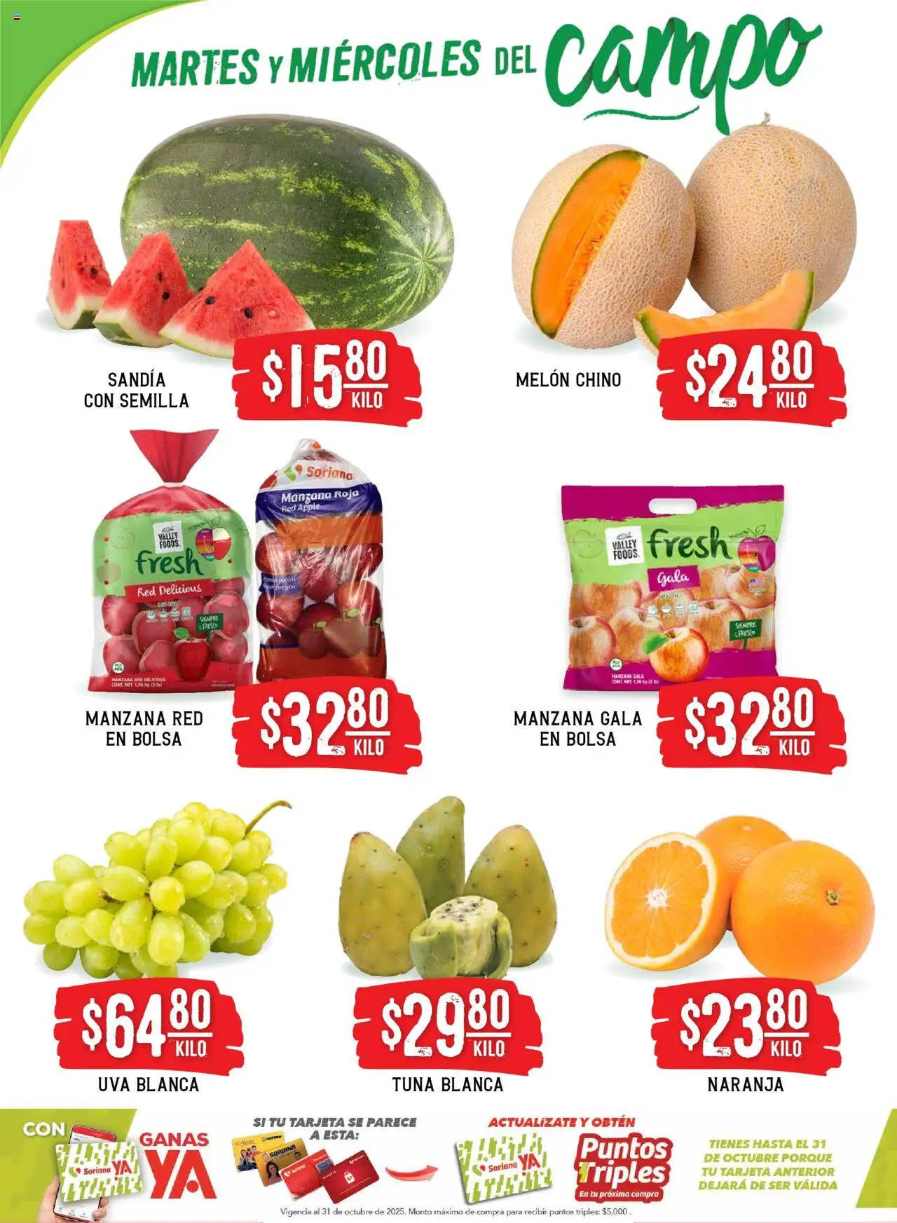 Nuevas ofertas de Soriana válidas en toda la República Mexicana desde el 21.10.2025. ¡Encuentra las mejores ofertas en Soriana - Martes y Miércoles del Campo Híper: Ags, Nay, Jal, Qro, Col, Mich, Gto, Hgo, Tlax, Mor, Pue, Gro, Oax, Edo. de Mex, Vall! | Página: 2 | Productos: Sandía, Bolsa, Manzana, Uva
