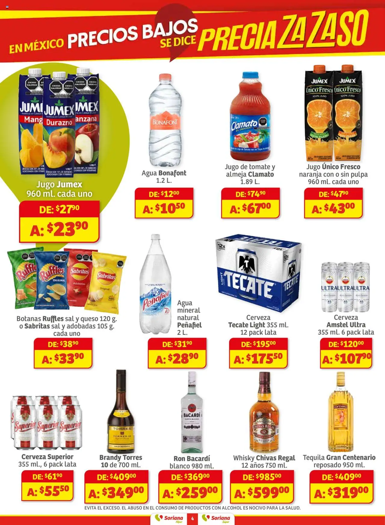 Nuevas ofertas de Soriana válidas en toda la República Mexicana desde el 01.08.2025. ¡Encuentra las mejores ofertas en Soriana - Preciazazaso Súper Frontera Chia, Q. Roo! | Página: 4 | Productos: Sal, Tomate, Agua, Cerveza
