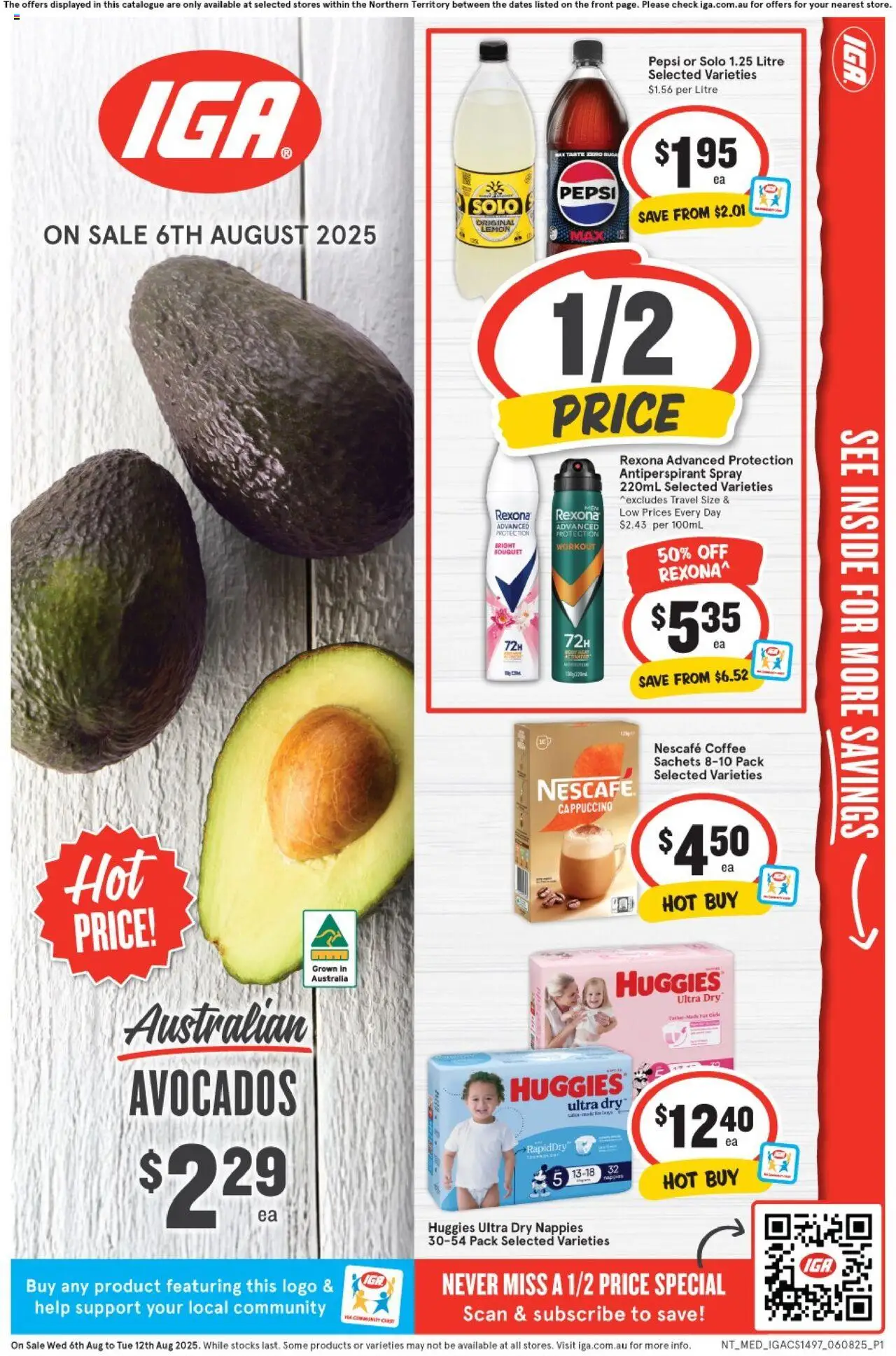 IGA catalogue - valid from 06.08.2025 | Page: 1 | Products: Coffee, Nappies, Pepsi, Lemon