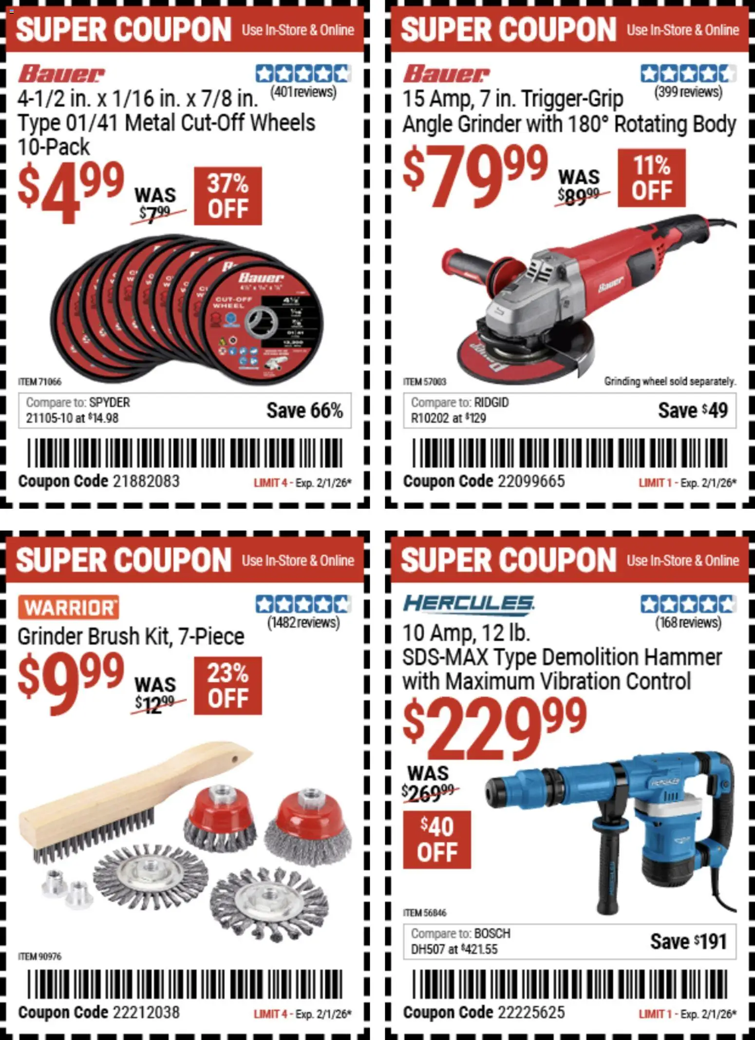 Harbor Freight Weekly Ad - valid from 20.01.2026 | Page: 5 | Products: Brush, Angle Grinder, Hammer, Grinder