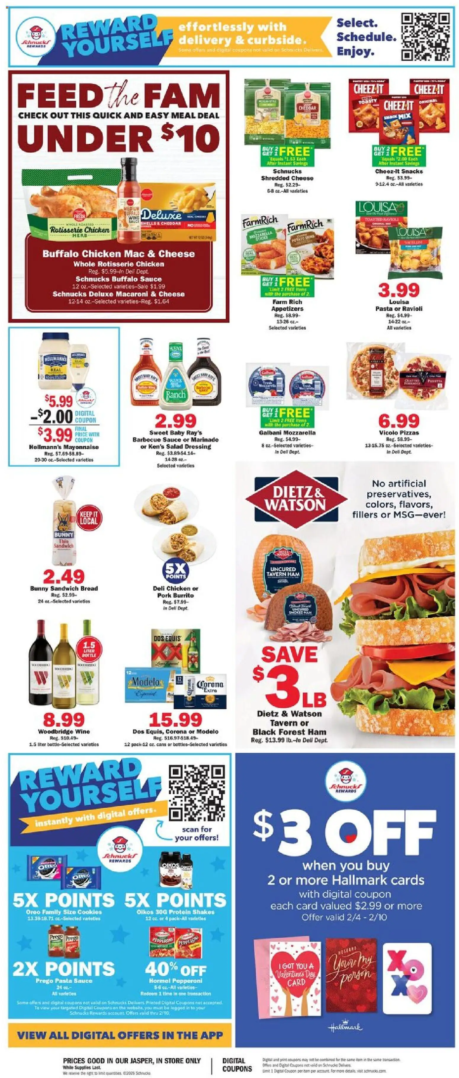 Schnucks Ad - valid from 04.02.2026 | Page: 2 | Products: Cheese, Wine, Pork, Mayonnaise
