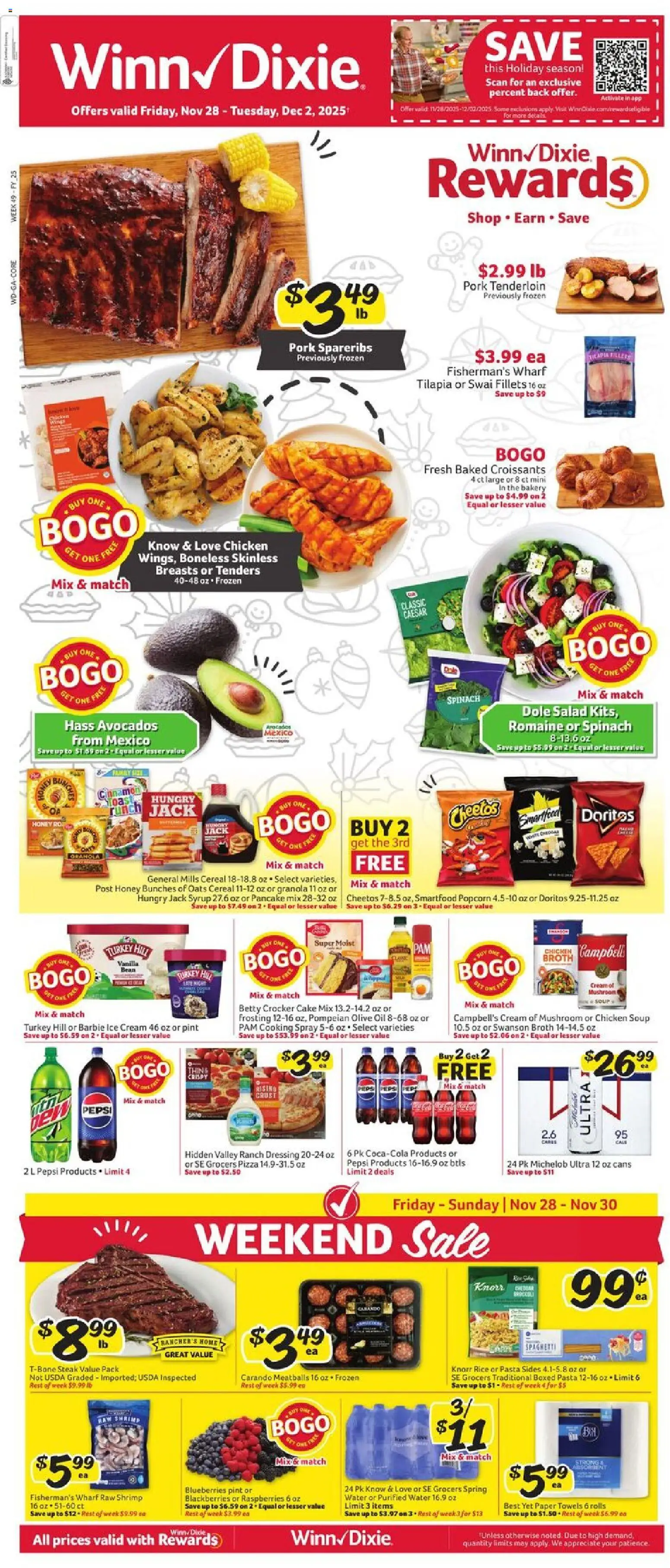 Winn Dixie Weekly Circular - GA - valid from 28.11.2025 | Page: 1 | Products: Spinach, Pasta, Water, Croissants