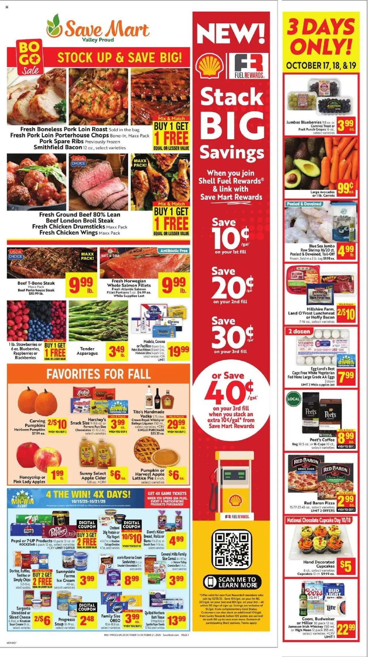 Save Mart Weekly - CA - valid from 15.10.2025 | Page: 1 | Products: Pork, Apples, Chips, Grapes