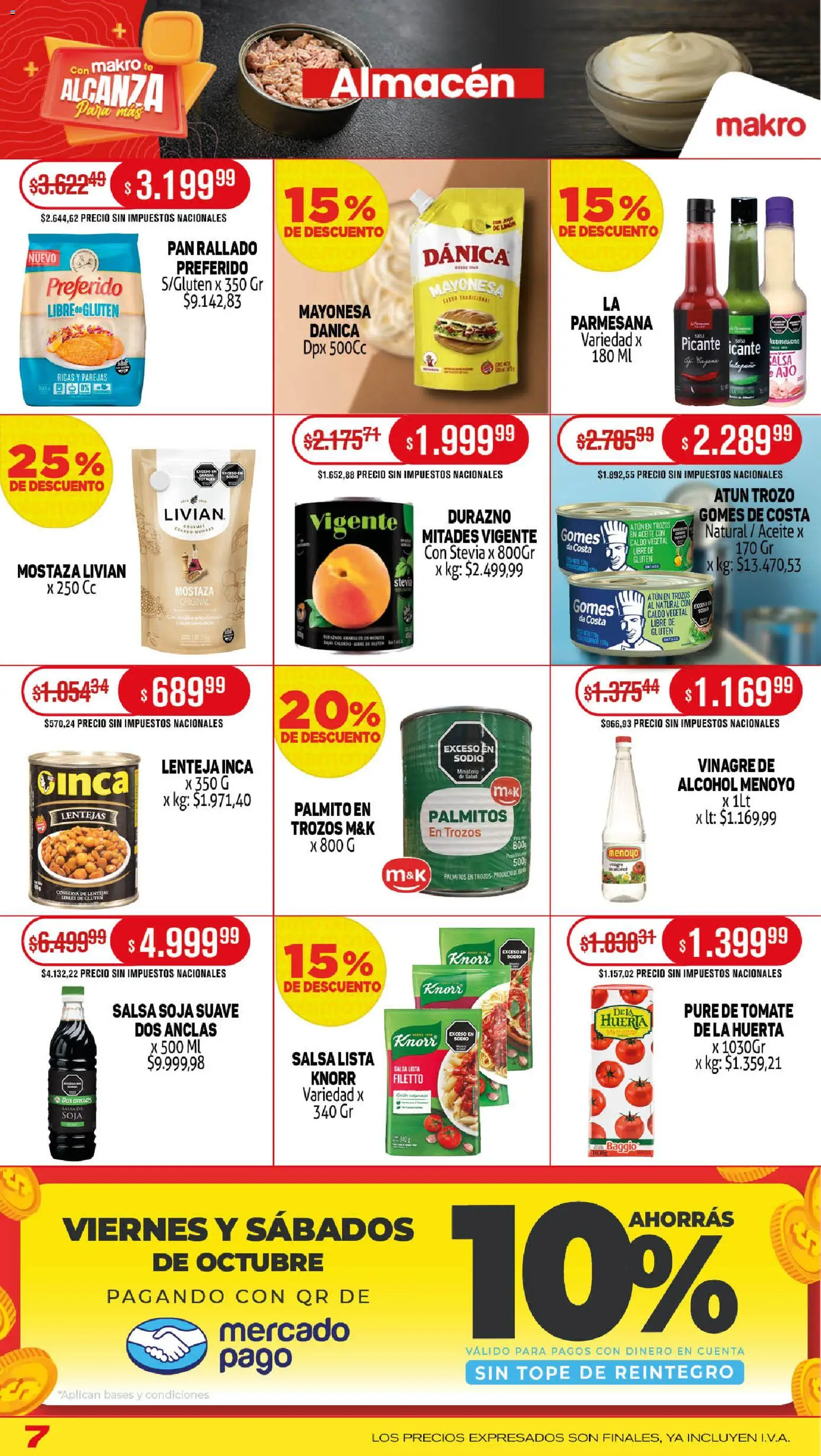 Makro ofertas │ válido desde el 30.10.2025 | Página: 7 | Productos: Durazno, Palmitos, Pure de Tomate, Pan