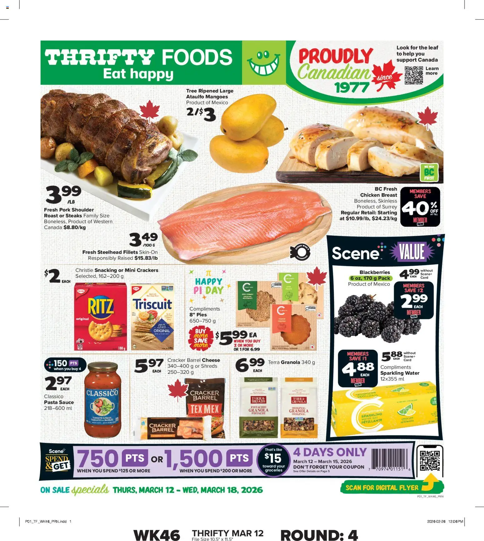 Thrifty Foods flyer valid from 12.03.2026 | Page: 1 | Products: Pasta, Cheese, Chicken, Pork