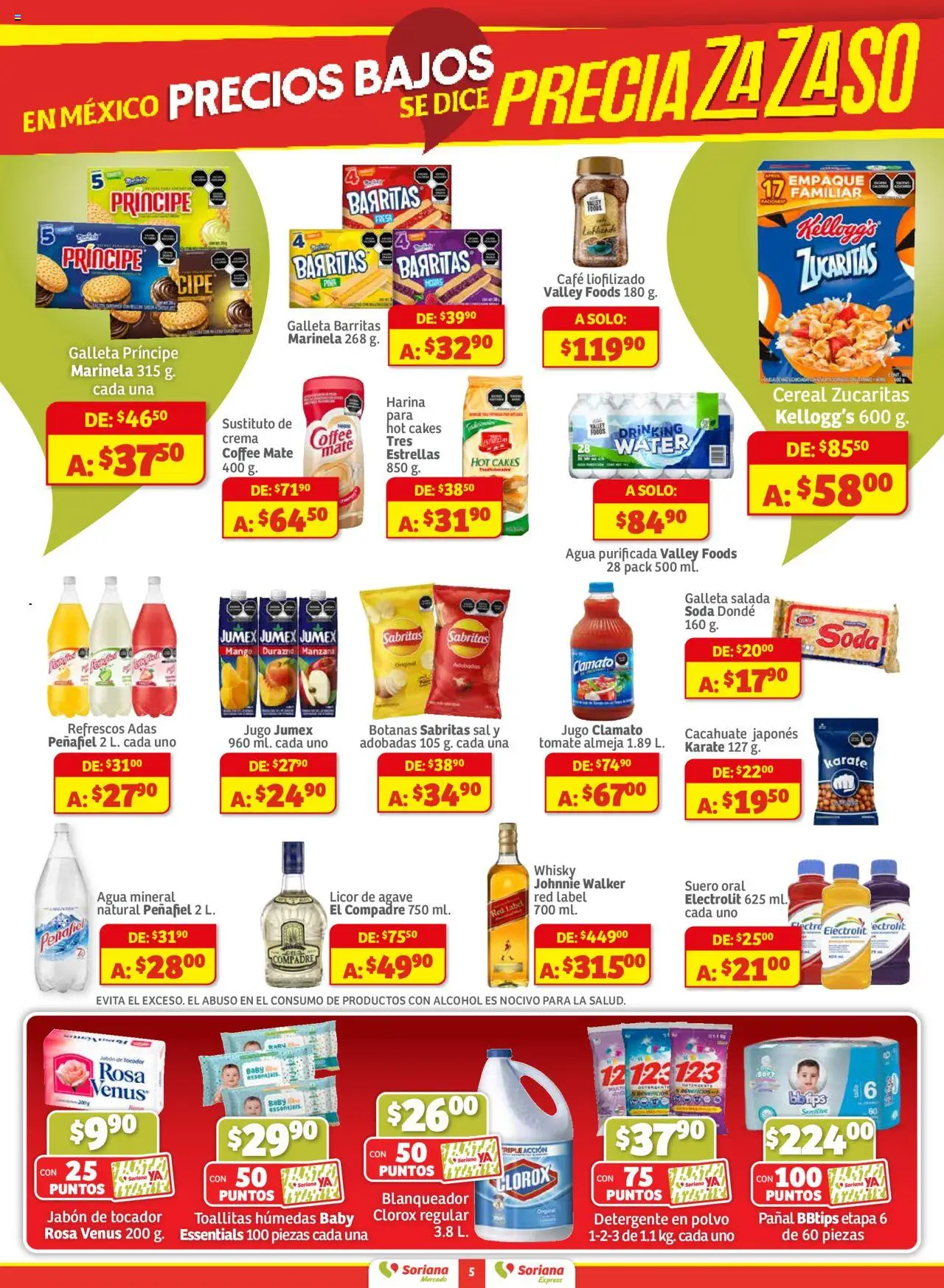Nuevas ofertas de Soriana válidas en toda la República Mexicana desde el 18.09.2025. ¡Encuentra las mejores ofertas en Soriana - Pesito Valedor Mercado: Camp, Chia, Oax, Q. Roo, Tab, Yuc! | Página: 5 | Productos: Harina, Sal, Manzana, Café