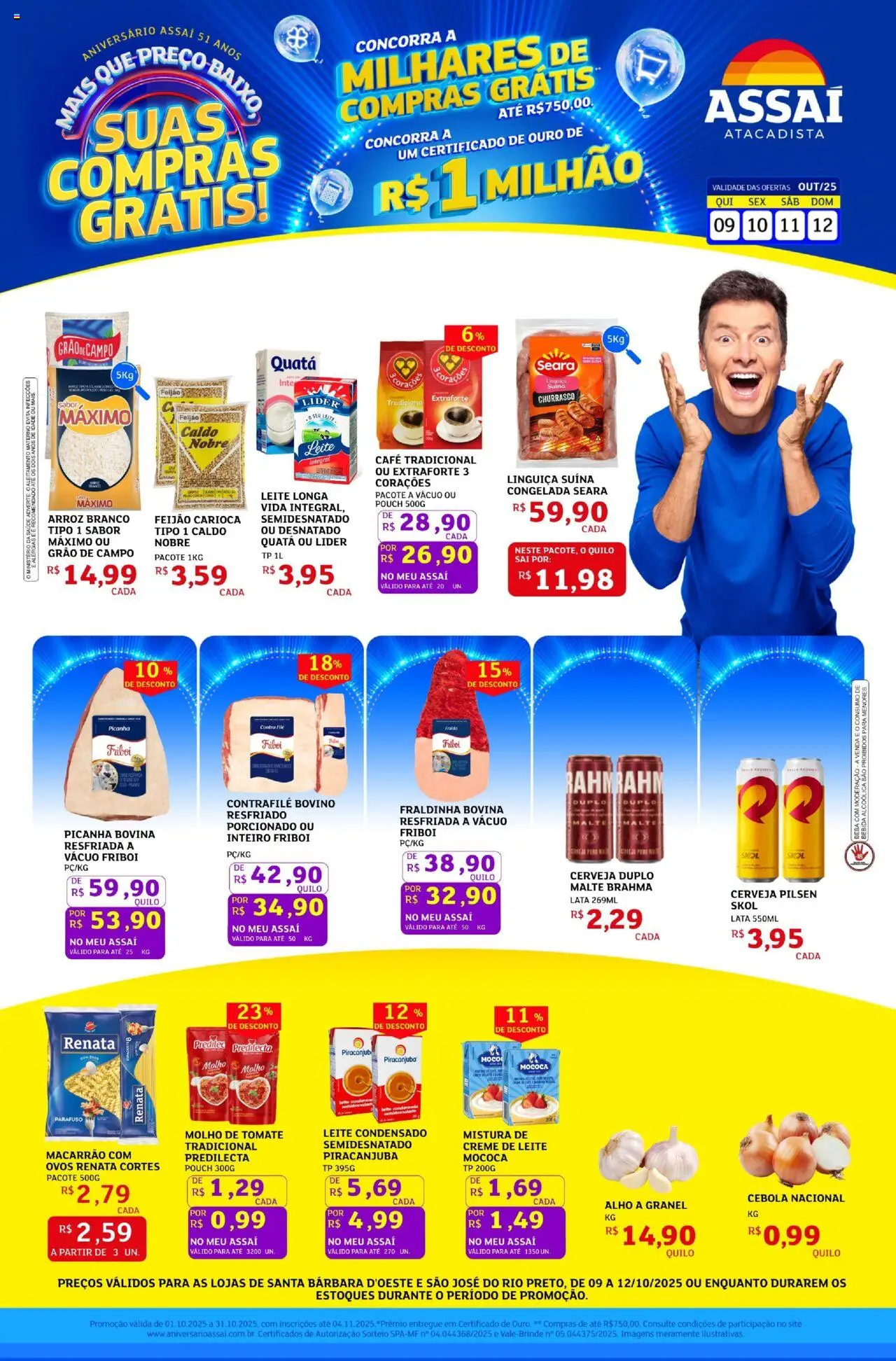 Assaí Atacadista Folheto - válido de 09.10.2025 | Página: 1 | Produtos: Alho, Molho de tomate, Cerveja, Macarrão