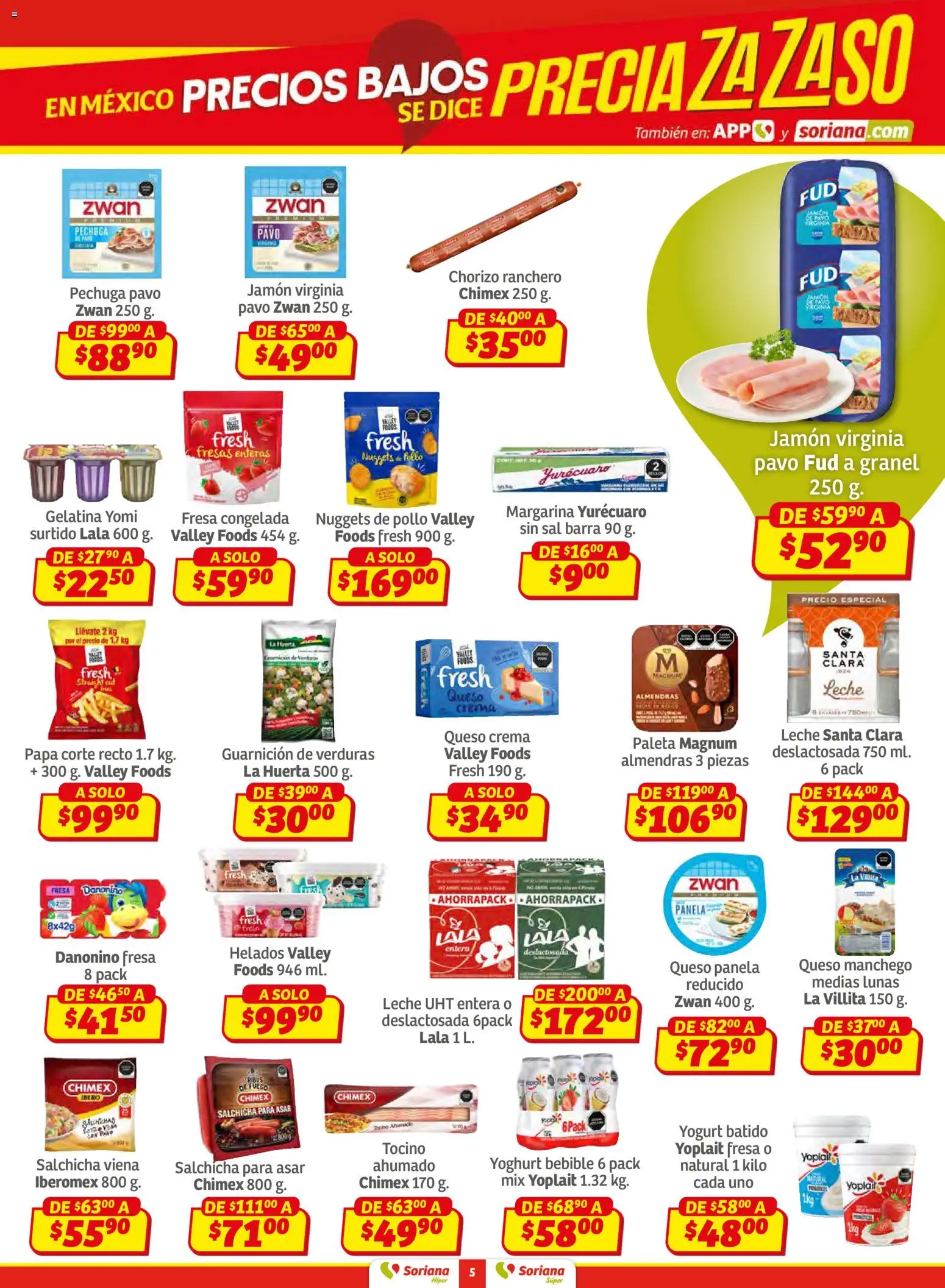 Nuevas ofertas de Soriana válidas en toda la República Mexicana desde el 12.02.2026. ¡Encuentra las mejores ofertas en Soriana - Preciazazaso Súper: Ags, Col, Gto, Jal, Mich! | Página: 5 | Productos: Pollo, Salchicha, Queso crema, Jamón