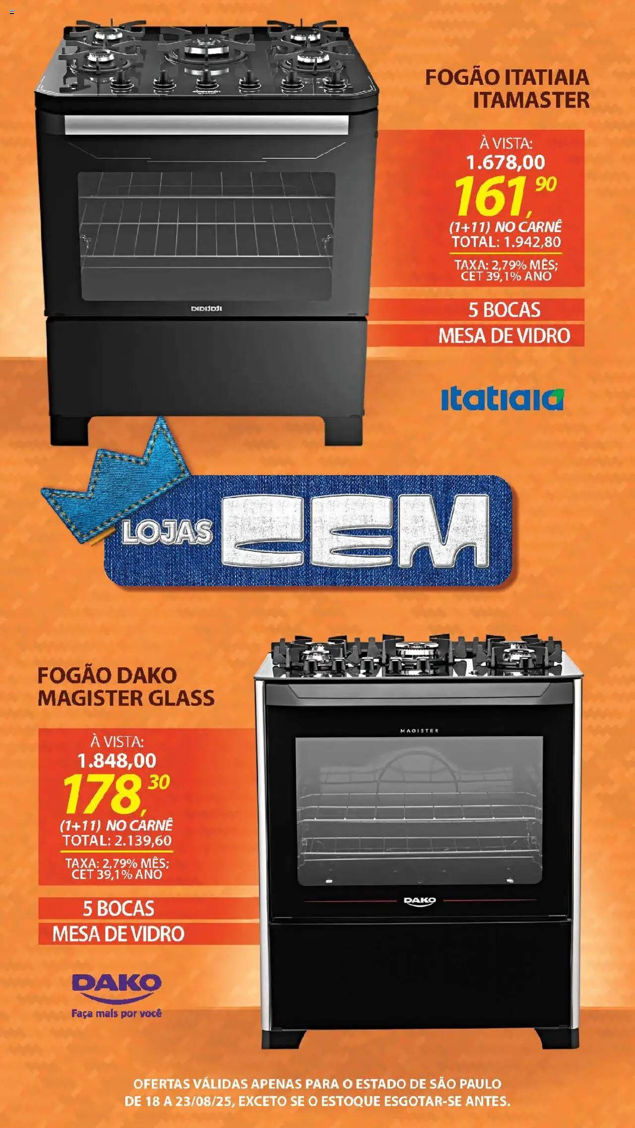 Lojas Cem Folheto - válido de 18.08.2025 | Página: 23 | Produtos: Fogão, Mesa, Faca, Carne