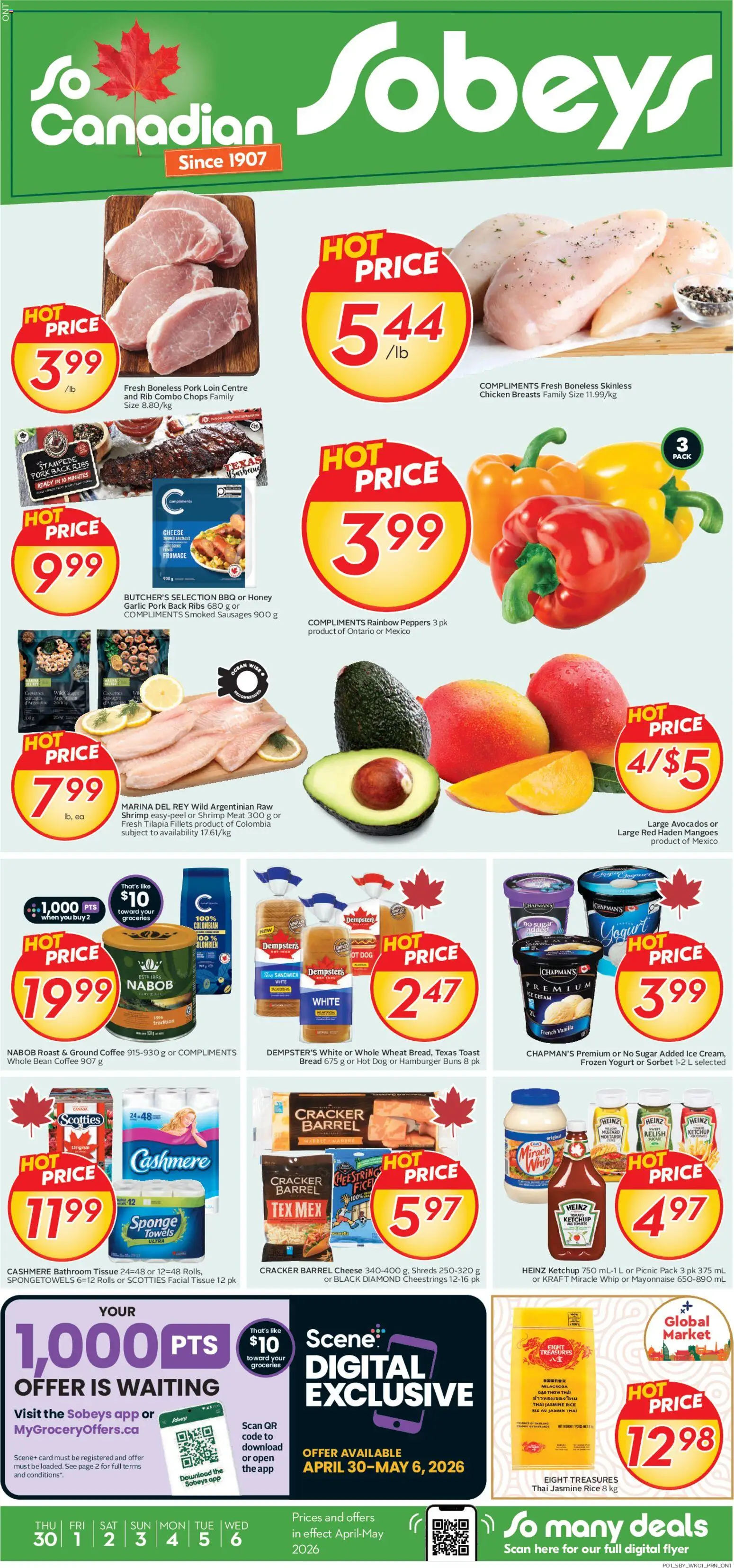 Sobeys flyer valid from 30.04.2026 | Page: 1 | Products: Rice, Ketchup, Cream, Chicken breasts