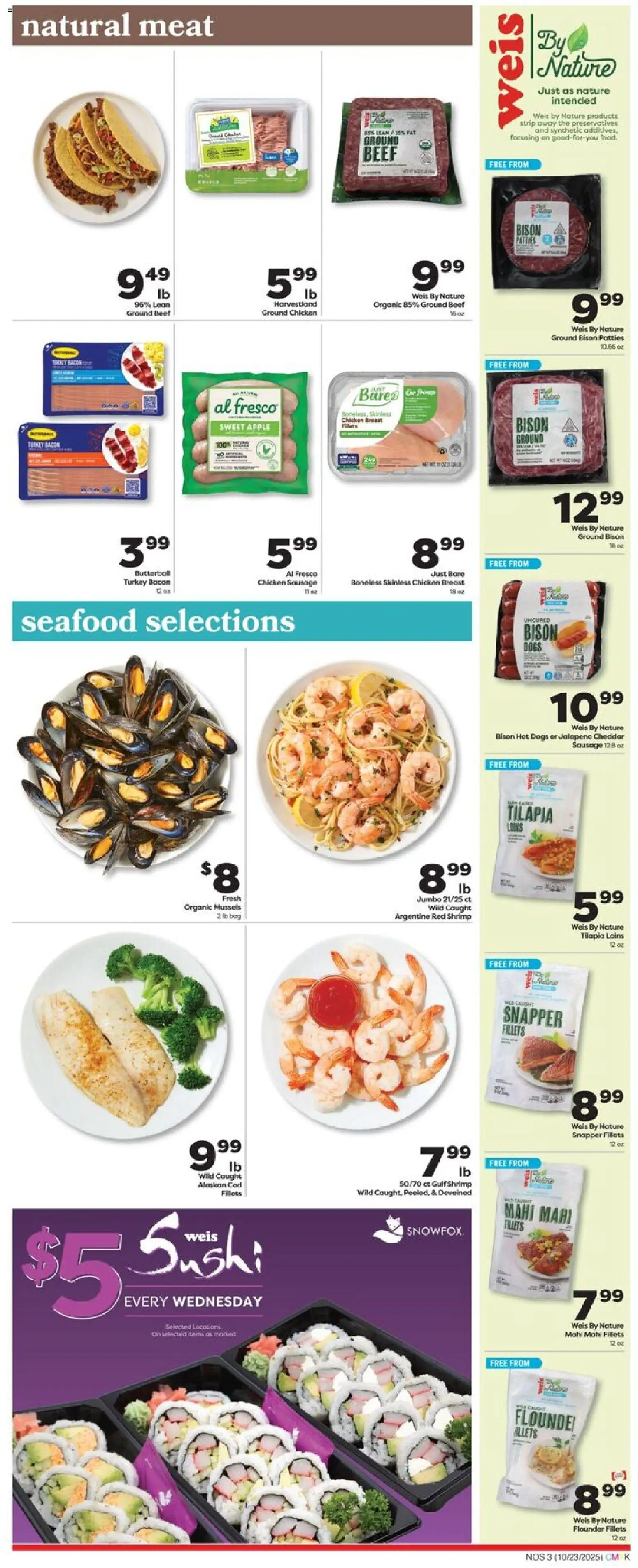 Weis Monthly Ad - NJ - valid from 23.10.2025 | Page: 3 | Products: Beef, Seafood, Sausage, Hot Dogs