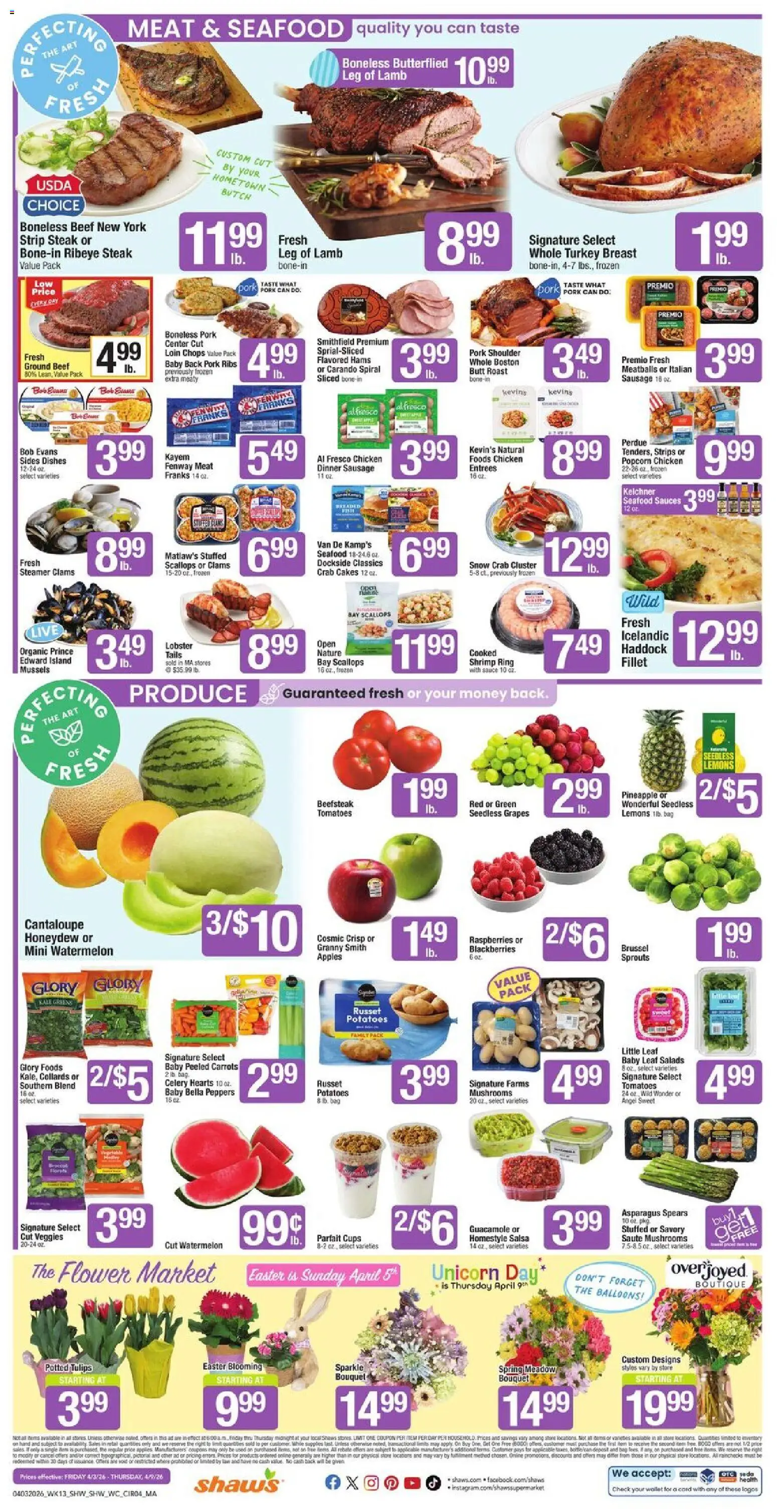 Shaw's Weekly Ad - valid from 03.04.2026 | Page: 4 | Products: Peppers, Mushrooms, Seafood, Watermelon