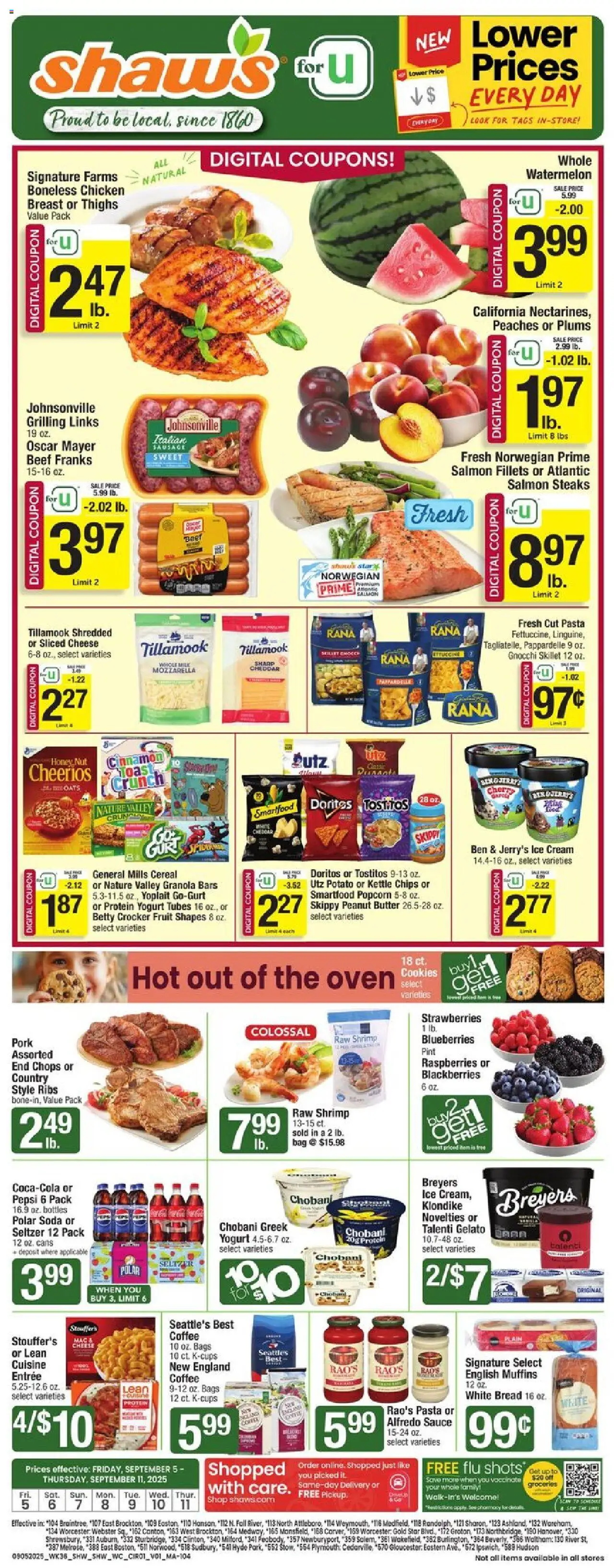 Shaw's Weekly Ad - MA - valid from 05.09.2025 | Page: 1 | Products: Peaches, Cheese, Pork, Cookies