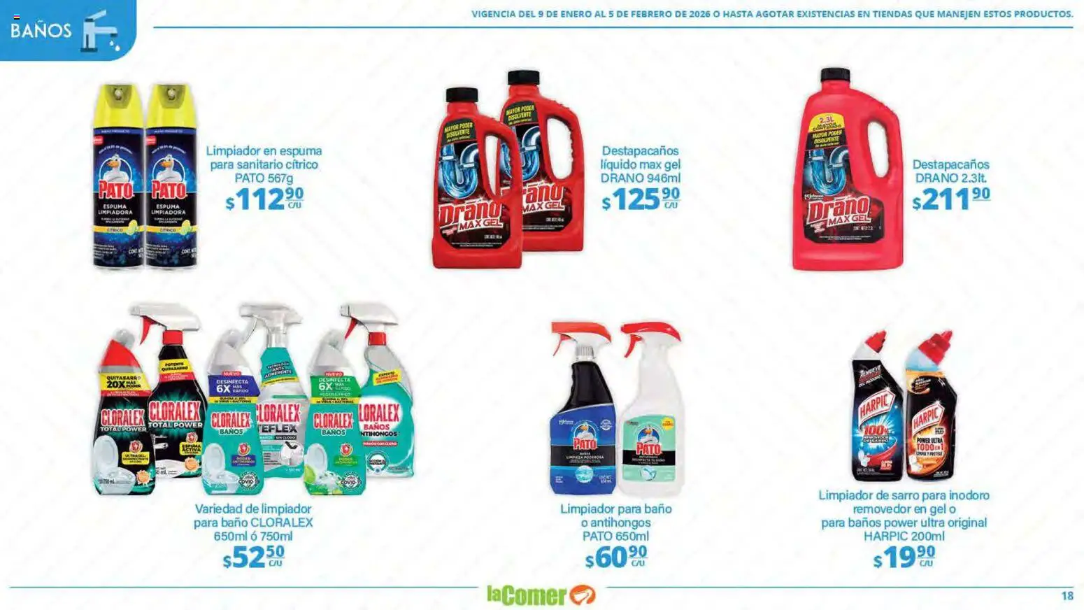 Nuevas ofertas de La Comer válidas en toda la República Mexicana desde el 09.01.2026. ¡Encuentra las mejores ofertas en La Comer folleto Limpia Desinfecta Organiza Ahorra! | Página: 18 | Productos: Inodoro, Destapacaños, Limpiador, Baño
