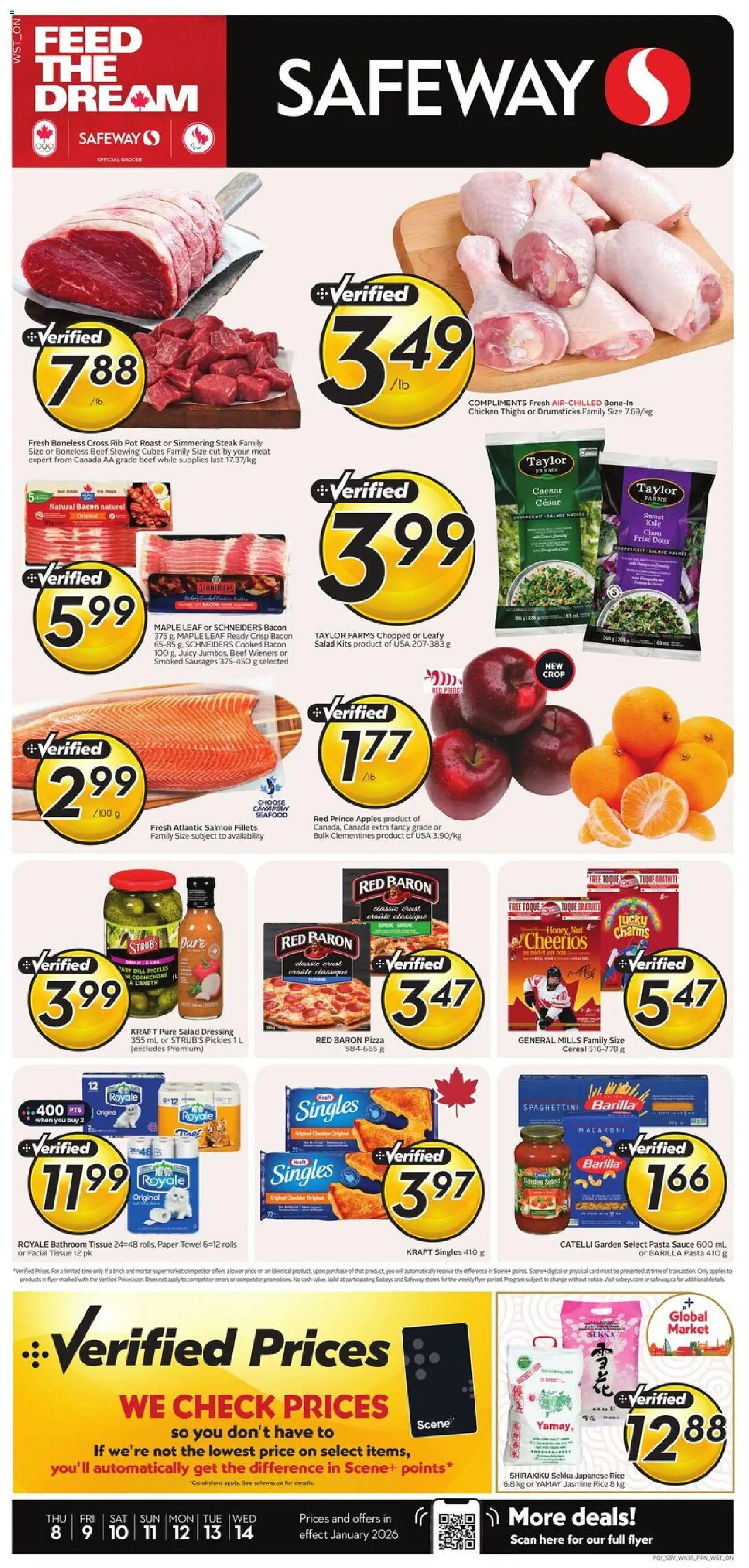 Safeway flyer valid from 08.01.2026 | Page: 1 | Products: Rice, Beef, Pasta, Apples