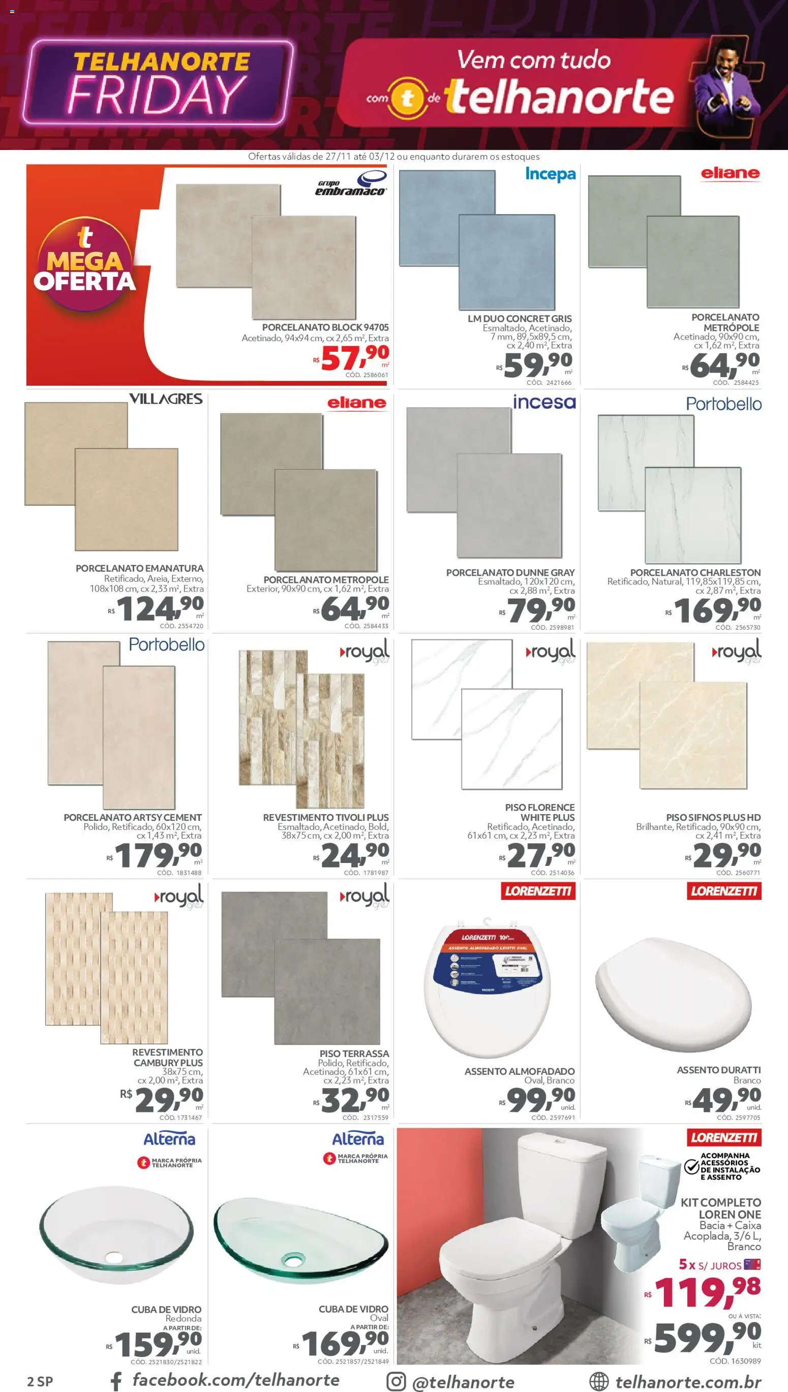 Telhanorte Folheto - válido de 27.11.2025 | Página: 2 | Produtos: Piso, Porcelanato, Caixa, Cuba