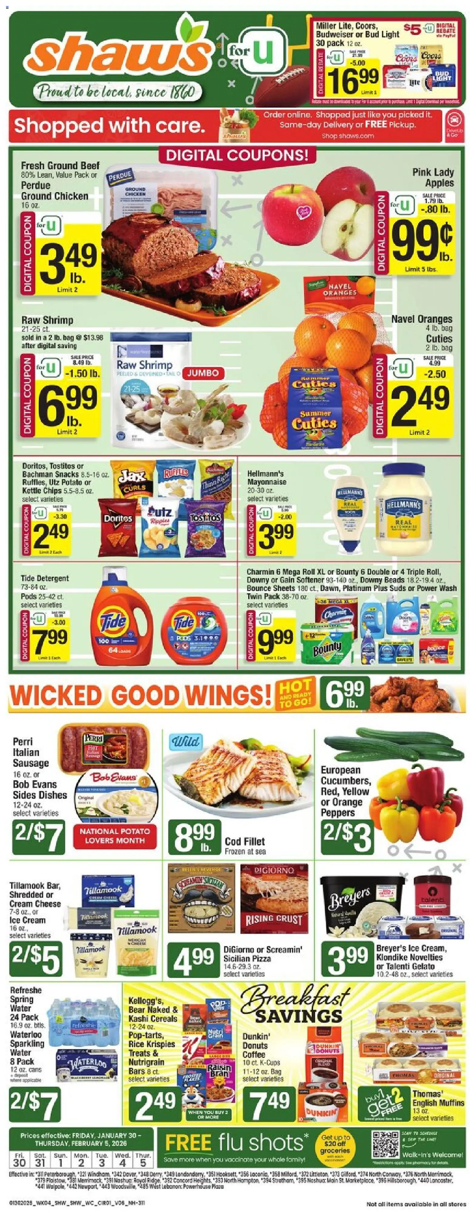 Shaw's Weekly Ad - NH - valid from 30.01.2026 | Page: 1 | Products: Cheese, Mayonnaise, Sausage, Kettle