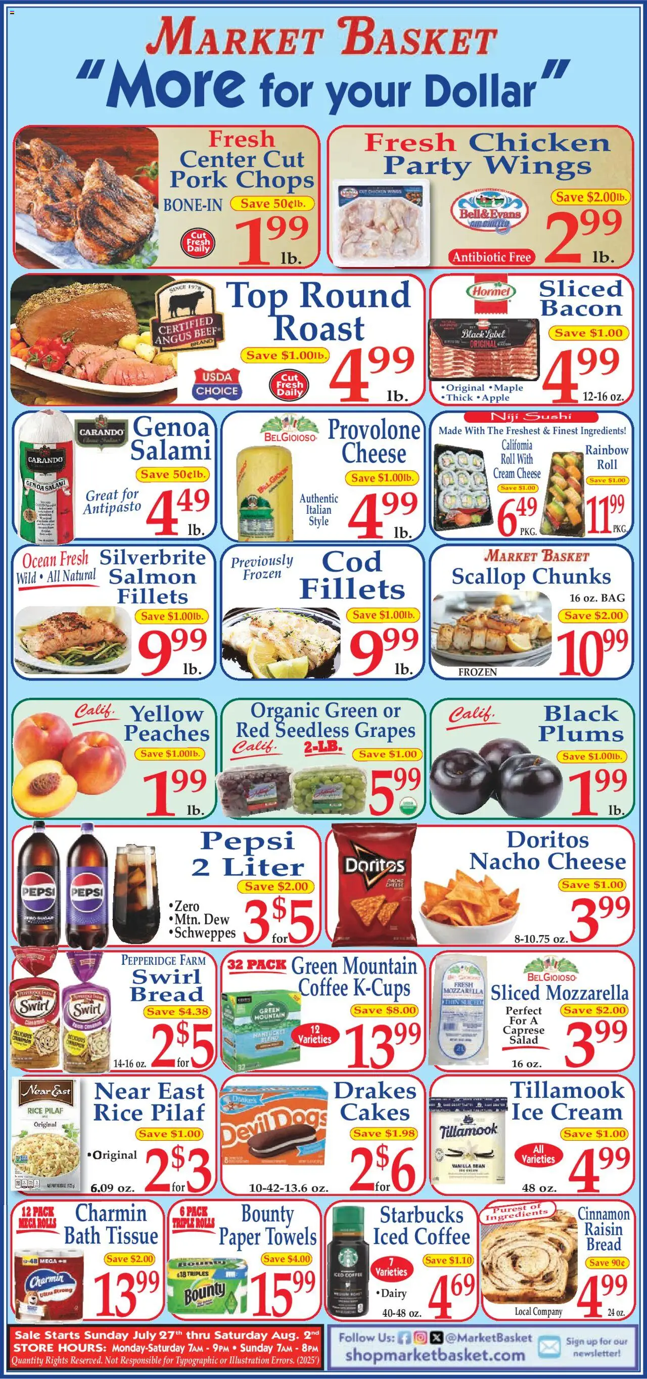 Market Basket Ad - valid from 27.07.2025 | Page: 1 | Products: Peaches, Bath, Cream, Bag