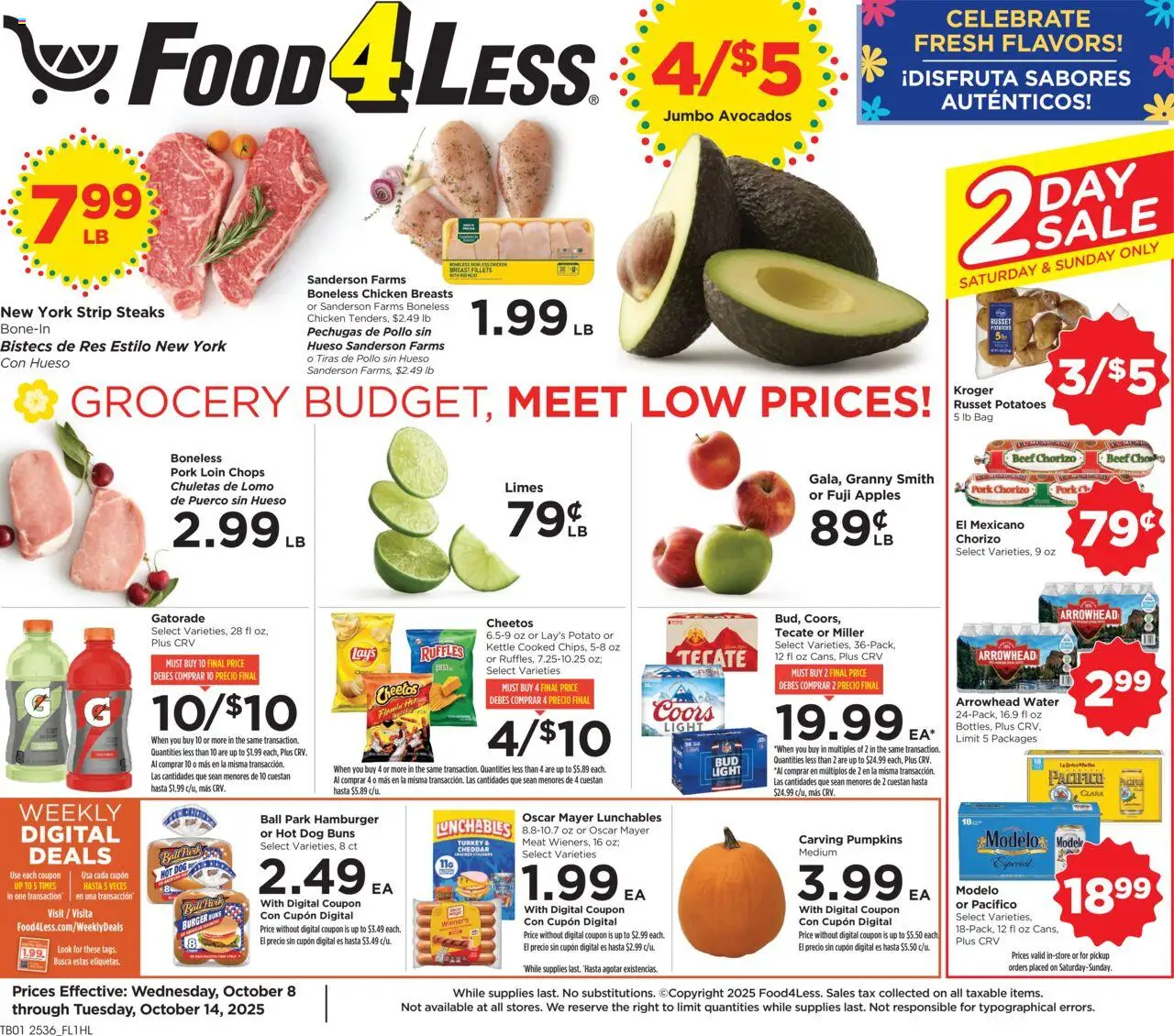 Food 4 Less Weekly Ad - valid from 08.10.2025 | Page: 1 | Products: Pork, Beef, Potatoes, Kettle