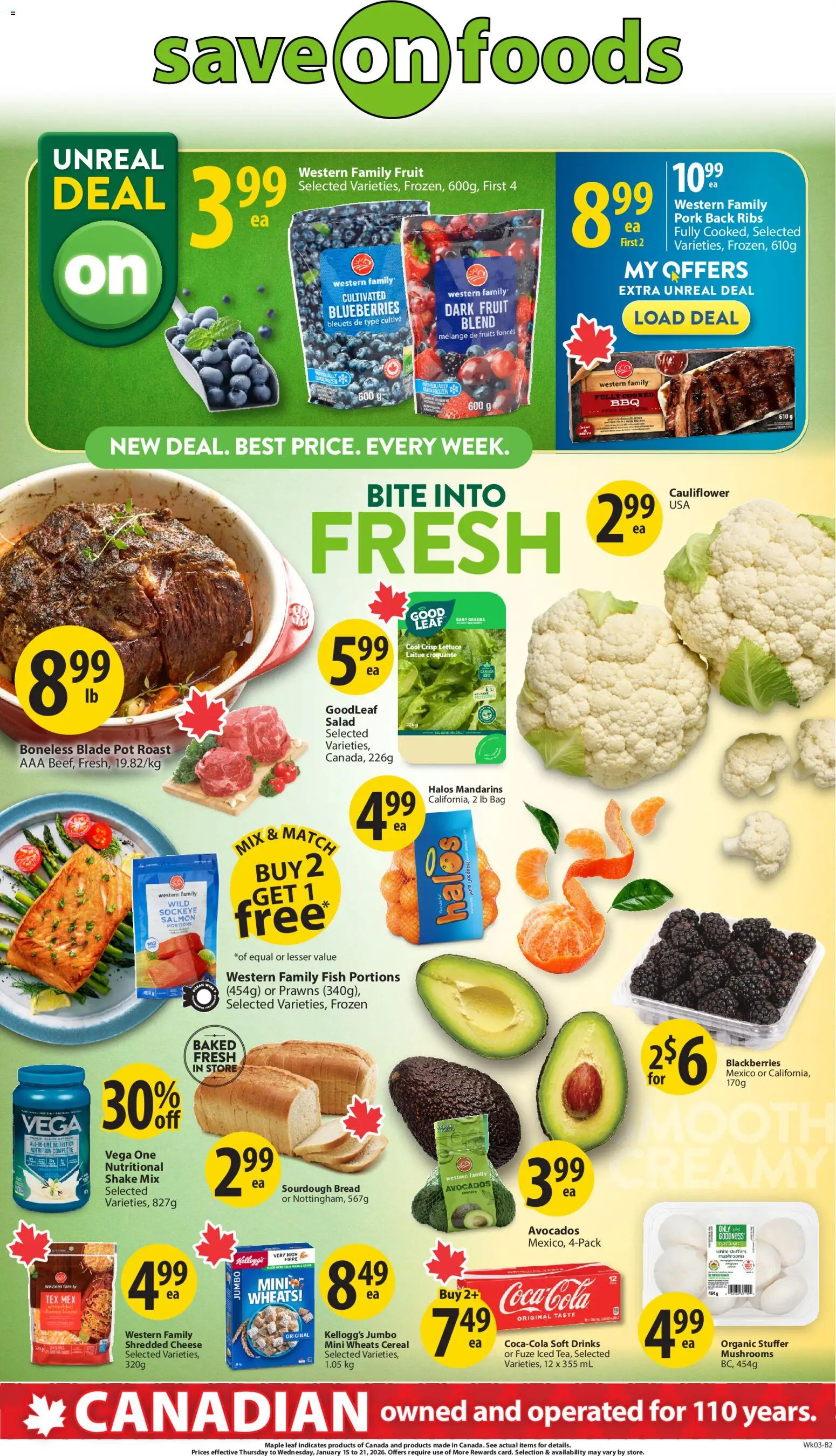 Save on foods flyer valid from 15.01.2026 | Page: 2 | Products: Fish, Bag, Bread, Pork