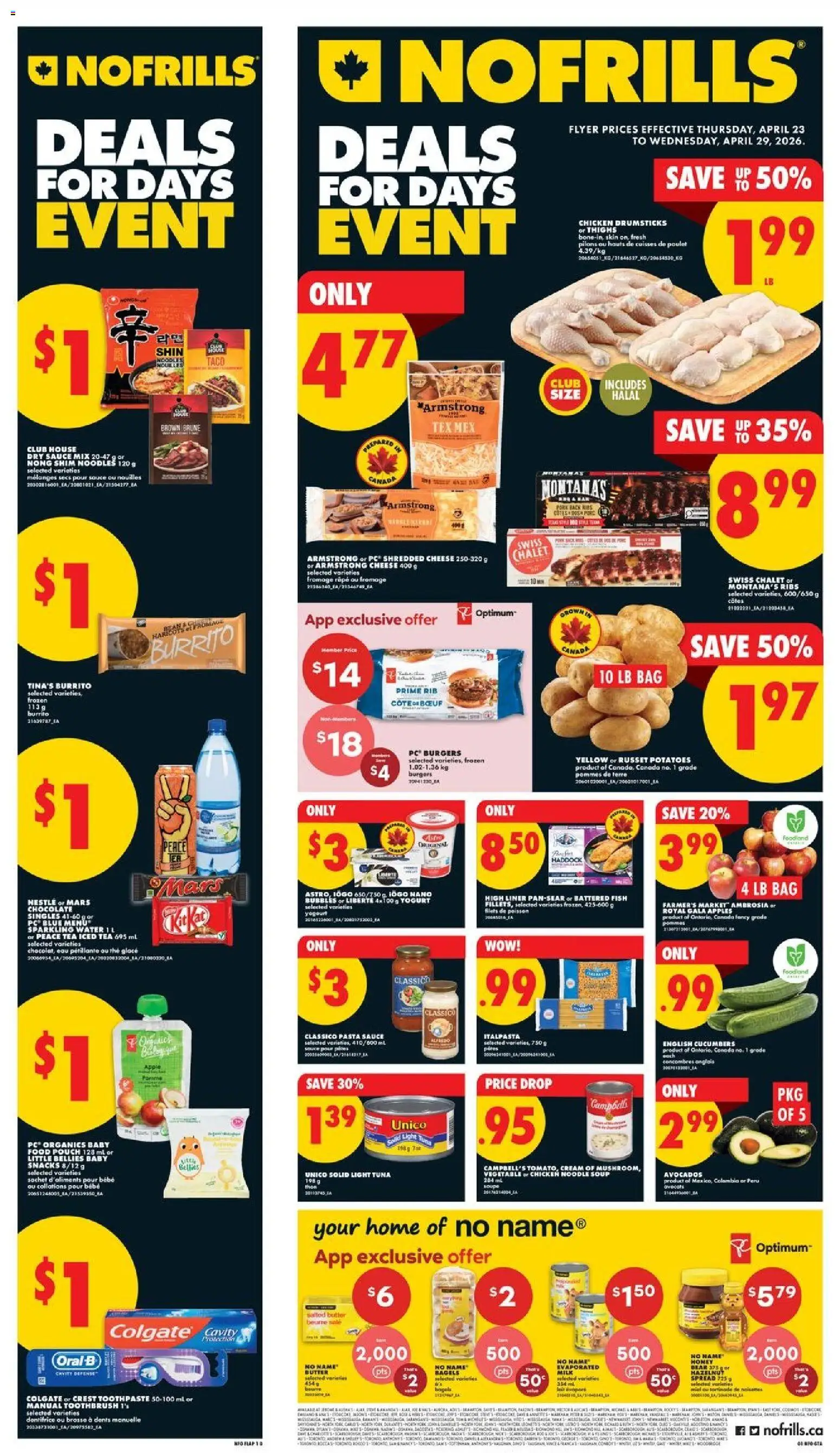 No Frills flyer valid from 23.04.2026 | Page: 1 | Products: Milk, Cheese, Chocolate, Apples