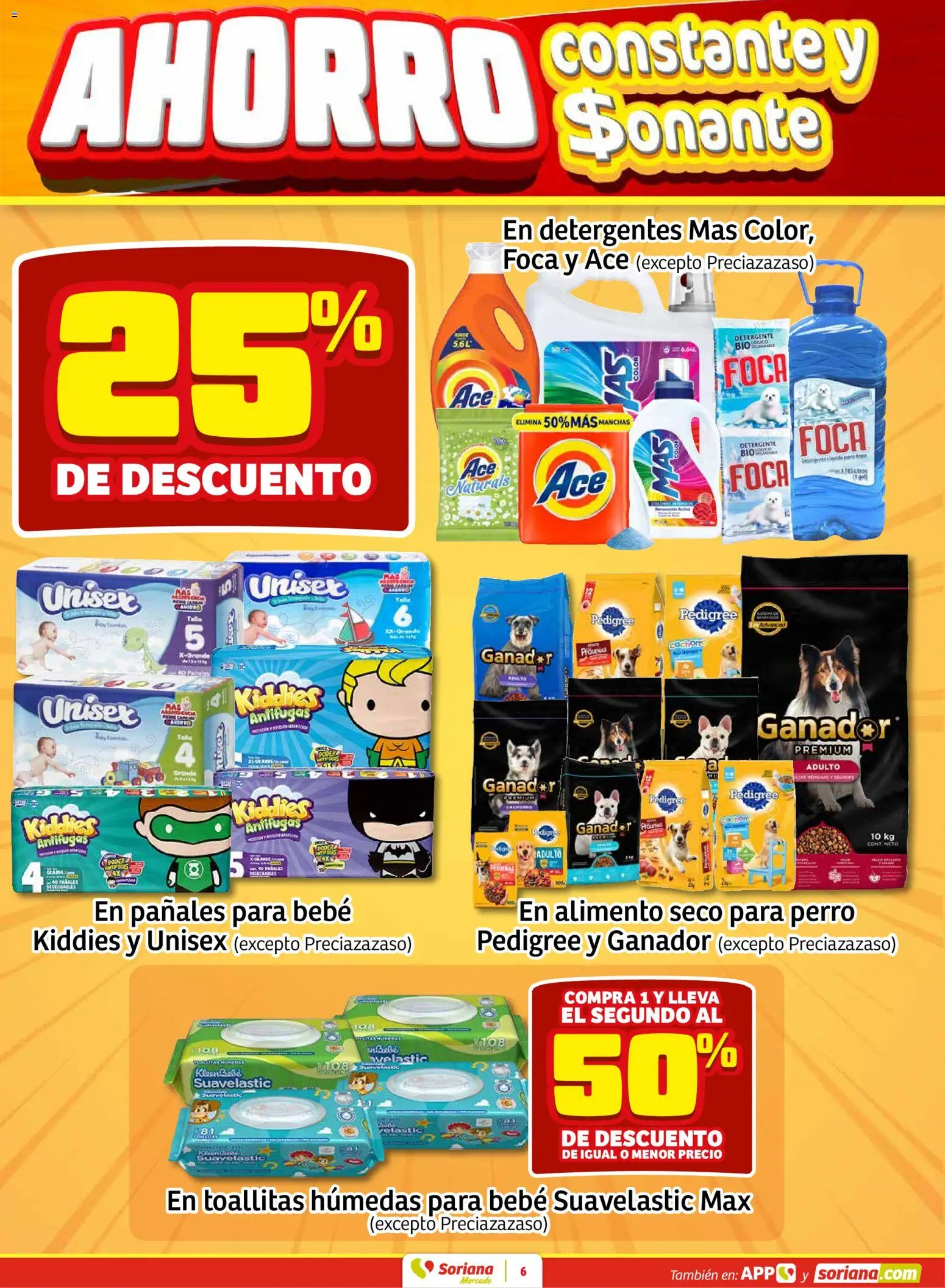 Nuevas ofertas de Soriana válidas en toda la República Mexicana desde el 19.02.2026. ¡Encuentra las mejores ofertas en Soriana - Fin de Semana Mercado: Tamaulipas! | Página: 6 | Productos: Detergente, Toallitas húmedas, Pañales