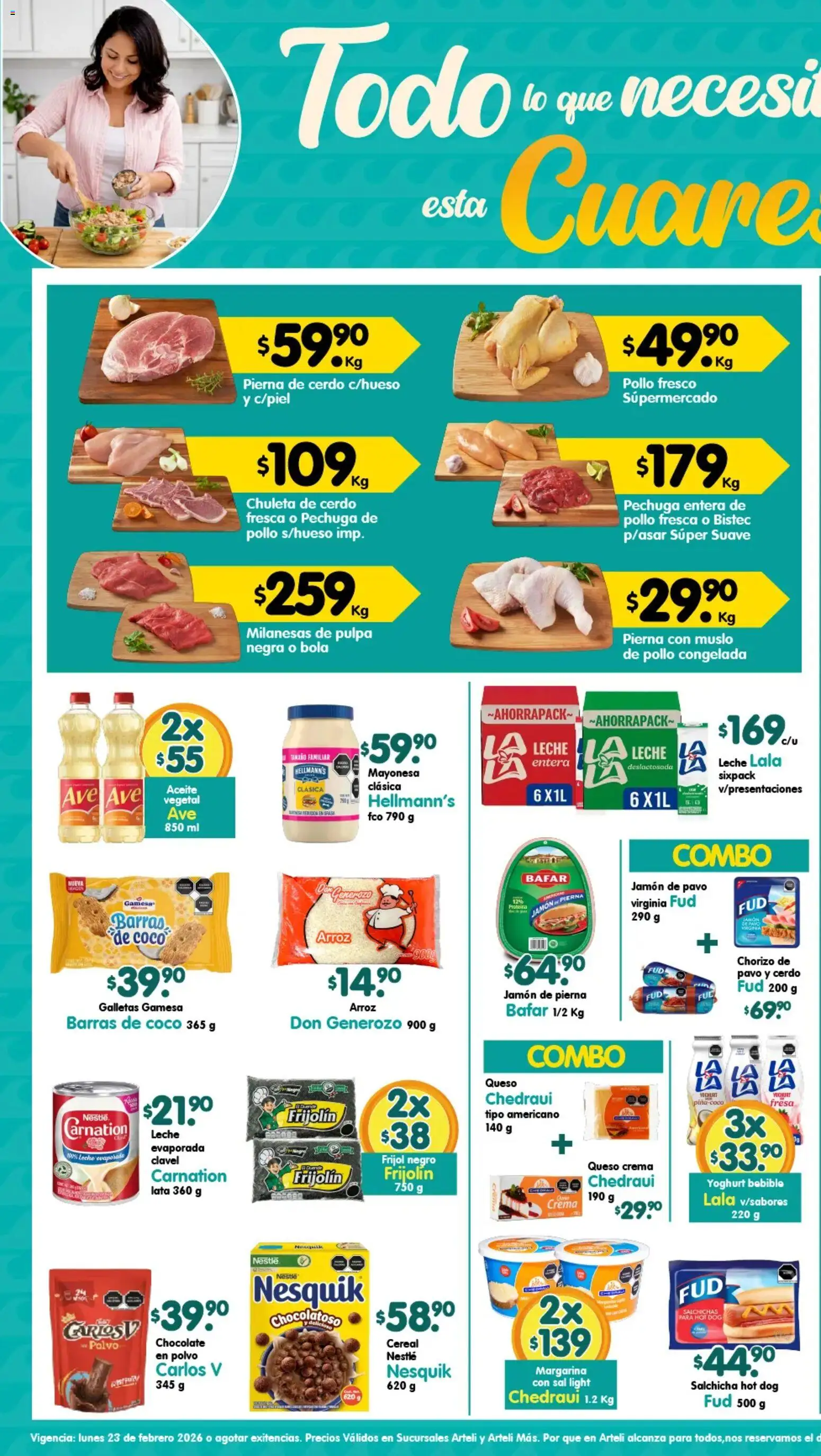 Nuevas ofertas de Arteli válidas en toda la República Mexicana desde el 23.02.2026. ¡Encuentra las mejores ofertas en Arteli folleto! | Página: 1 | Productos: Salchicha, Crema, Queso, Polvo