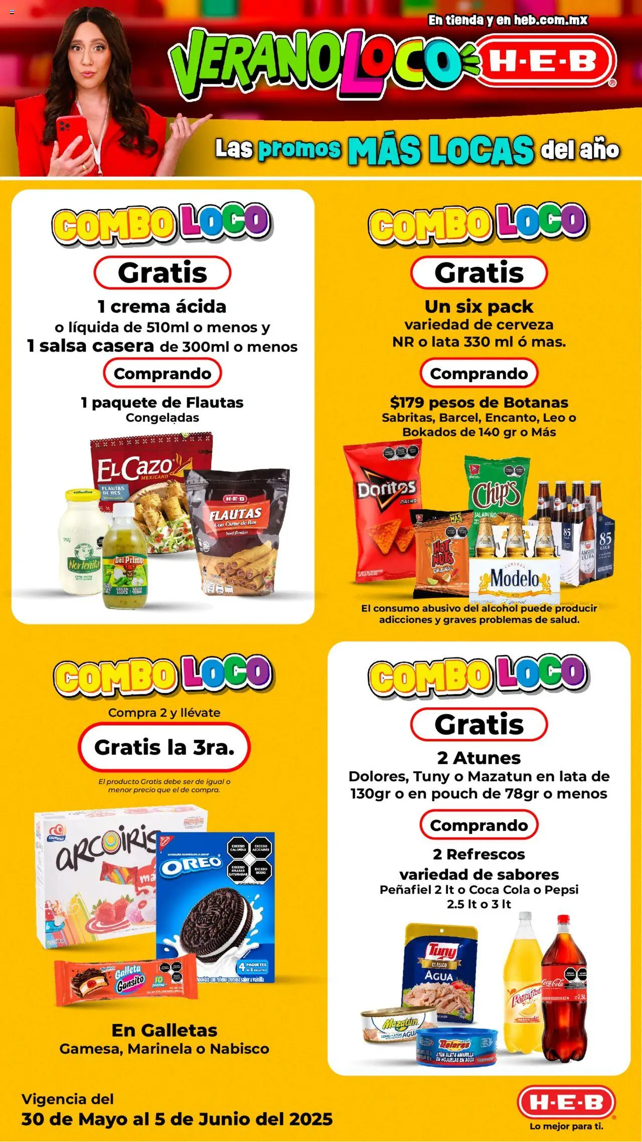 Nuevas ofertas de H-E-B válidas en toda la República Mexicana desde el 30.05.2025. ¡Encuentra las mejores ofertas en H-E-B folleto Verano Loco ! | Página: 2 | Productos: Crema, Agua, Cerveza, Hojuelas
