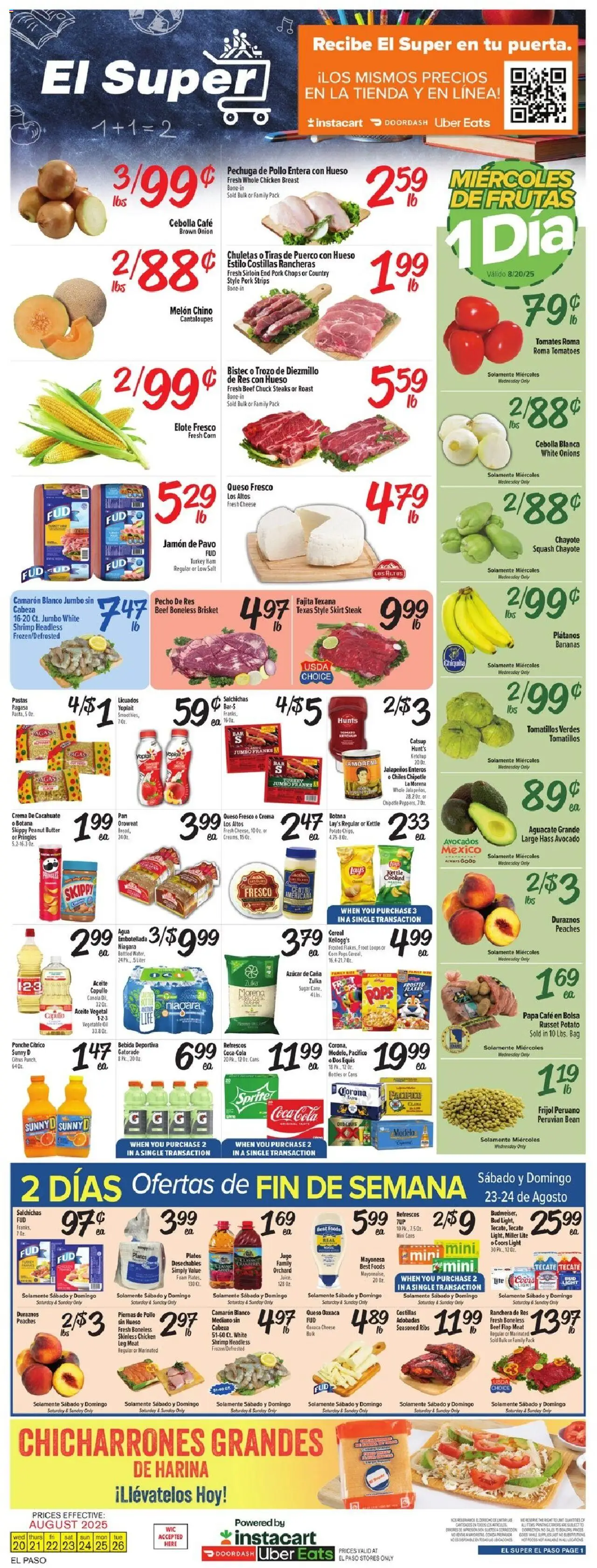 El Super Weekly Ad - valid from 20.08.2025 | Page: 1 | Products: Peaches, Ham, Bananas, Onion