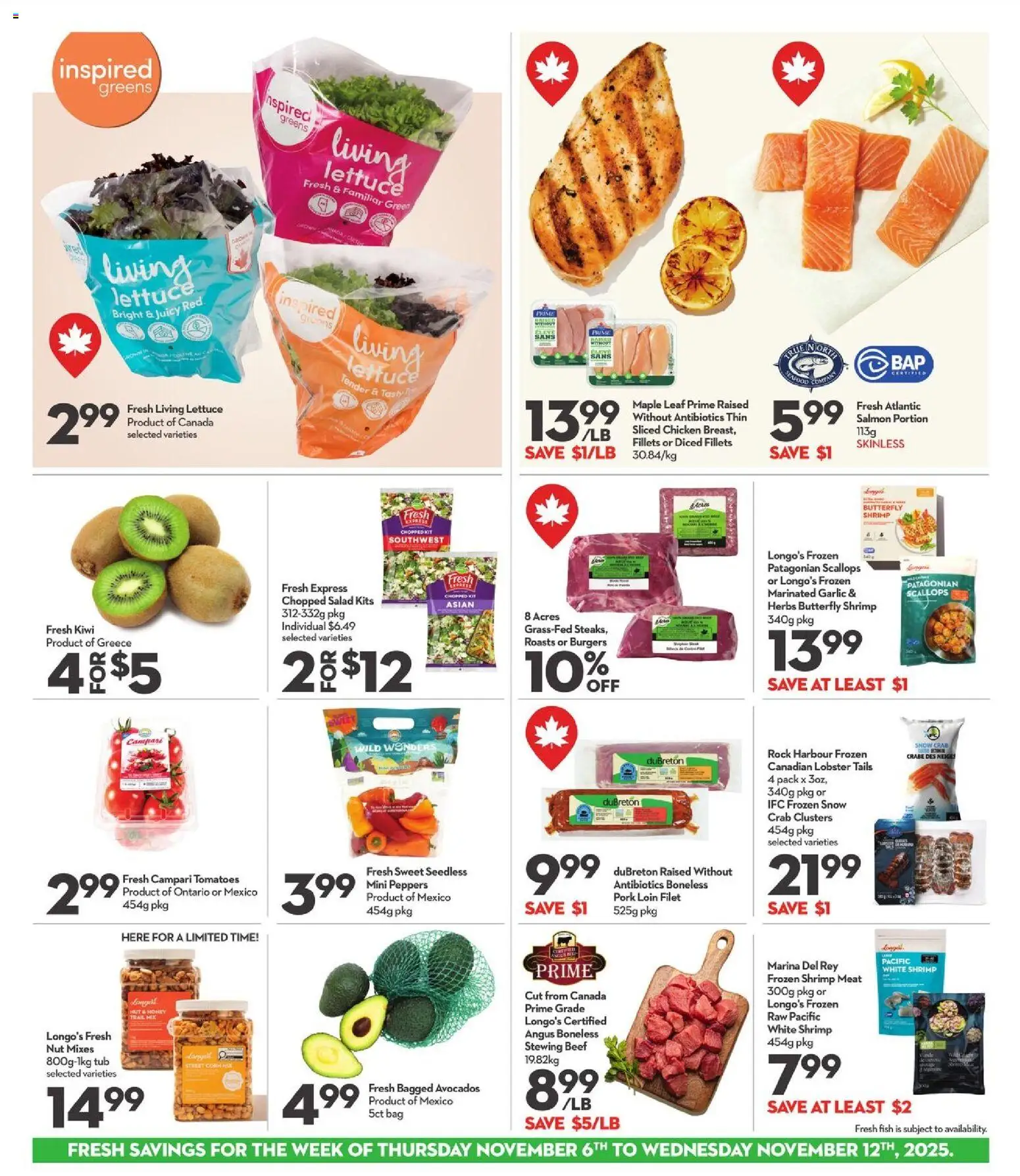 Longo's flyer valid from 06.11.2025 | Page: 4 | Products: Beef, Salad, Bag, Tomatoes