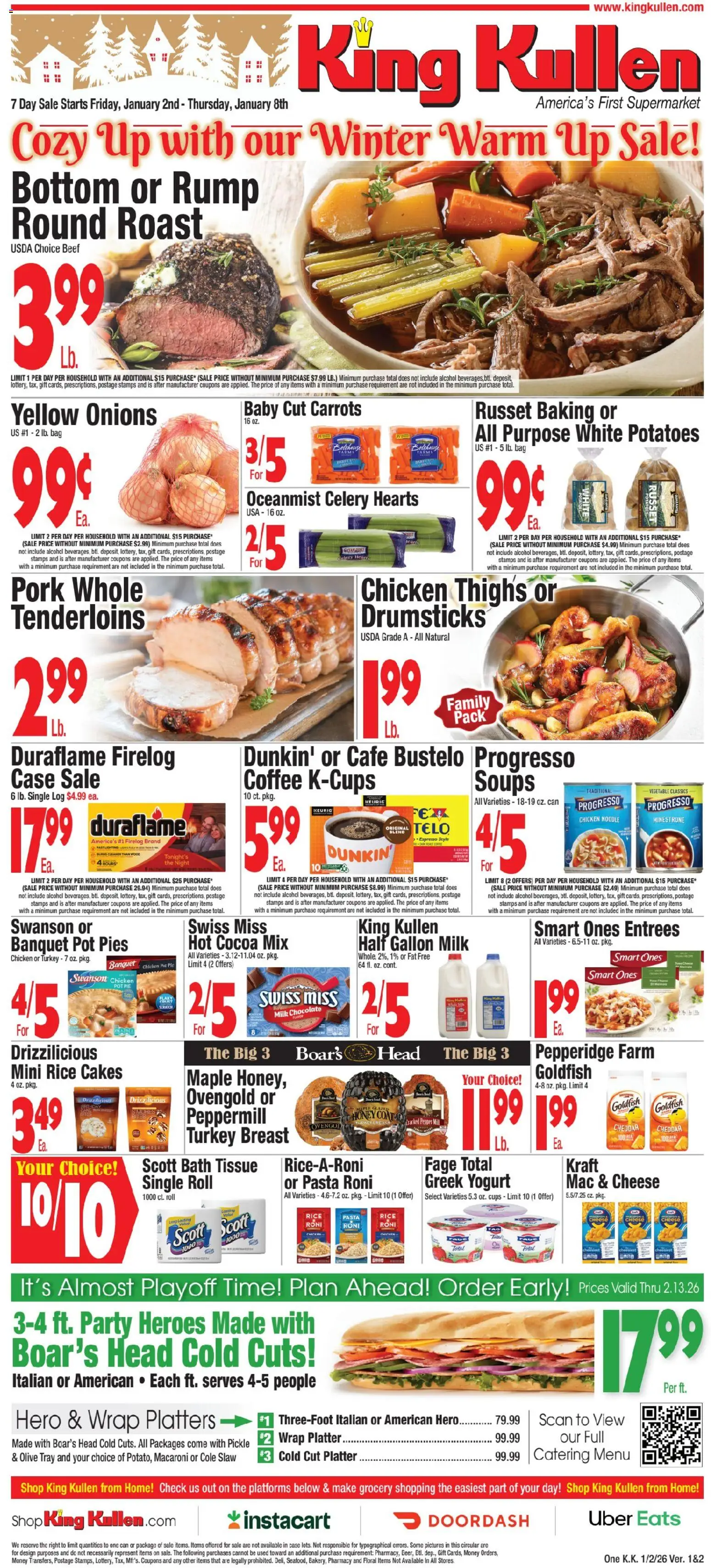 King Kullen Weekly Ad - valid from 01.01.2026 | Page: 1 | Products: Coffee, Pork, Pasta, Bag