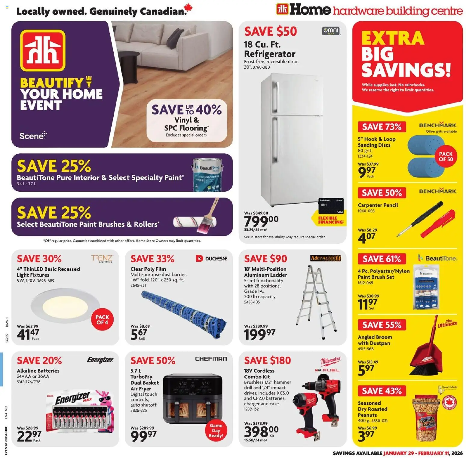 Home Hardware flyer valid from 29.01.2026 | Page: 1 | Products: Refrigerator, Fryer, Brush, Basket