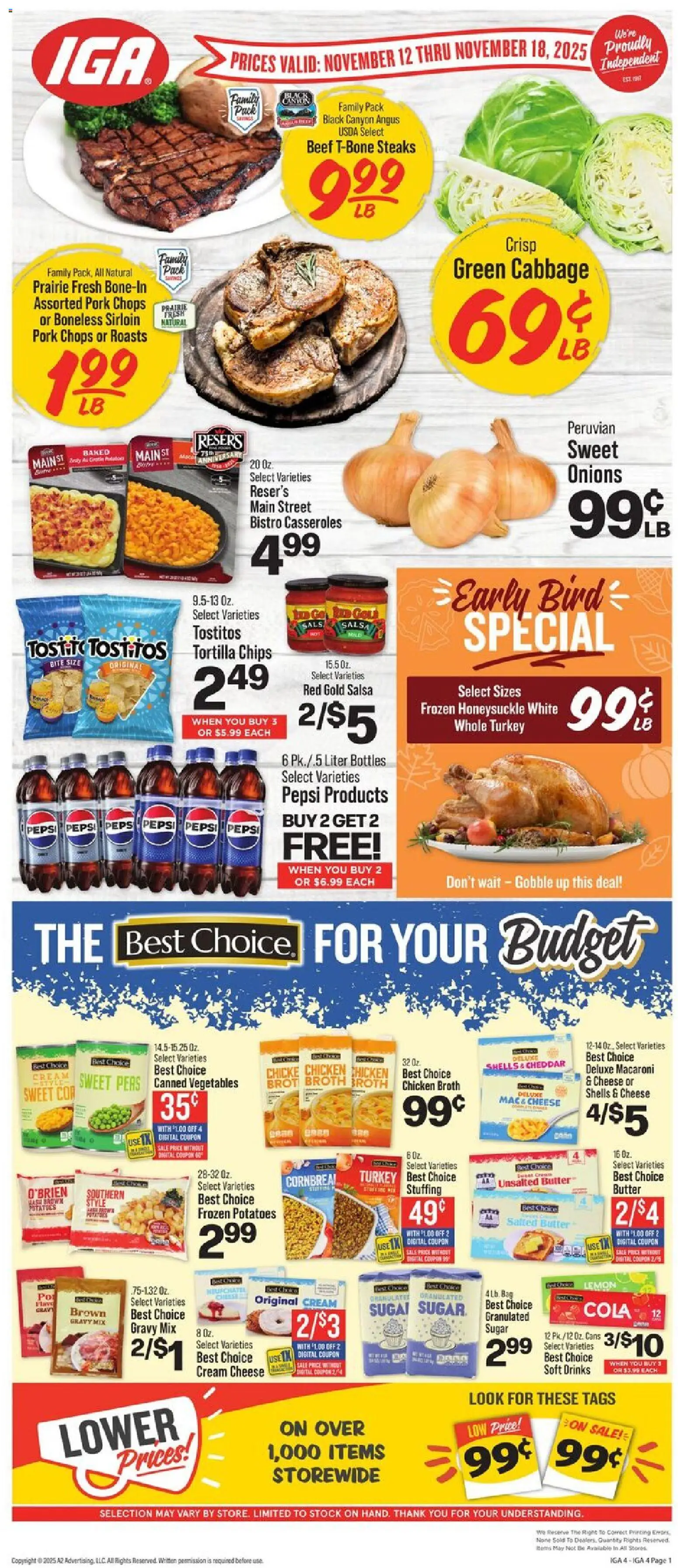 IGA Weekly Ad - valid from 12.11.2025 | Page: 1 | Products: Butter, Cheese, Potatoes, Vegetables