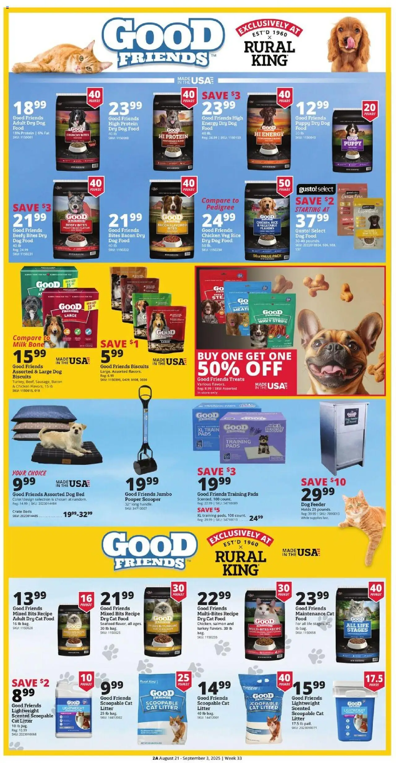 Rural King Weekly Ad - valid from 21.08.2025 | Page: 1 | Products: Dog Food, Milk, Rice, Pads