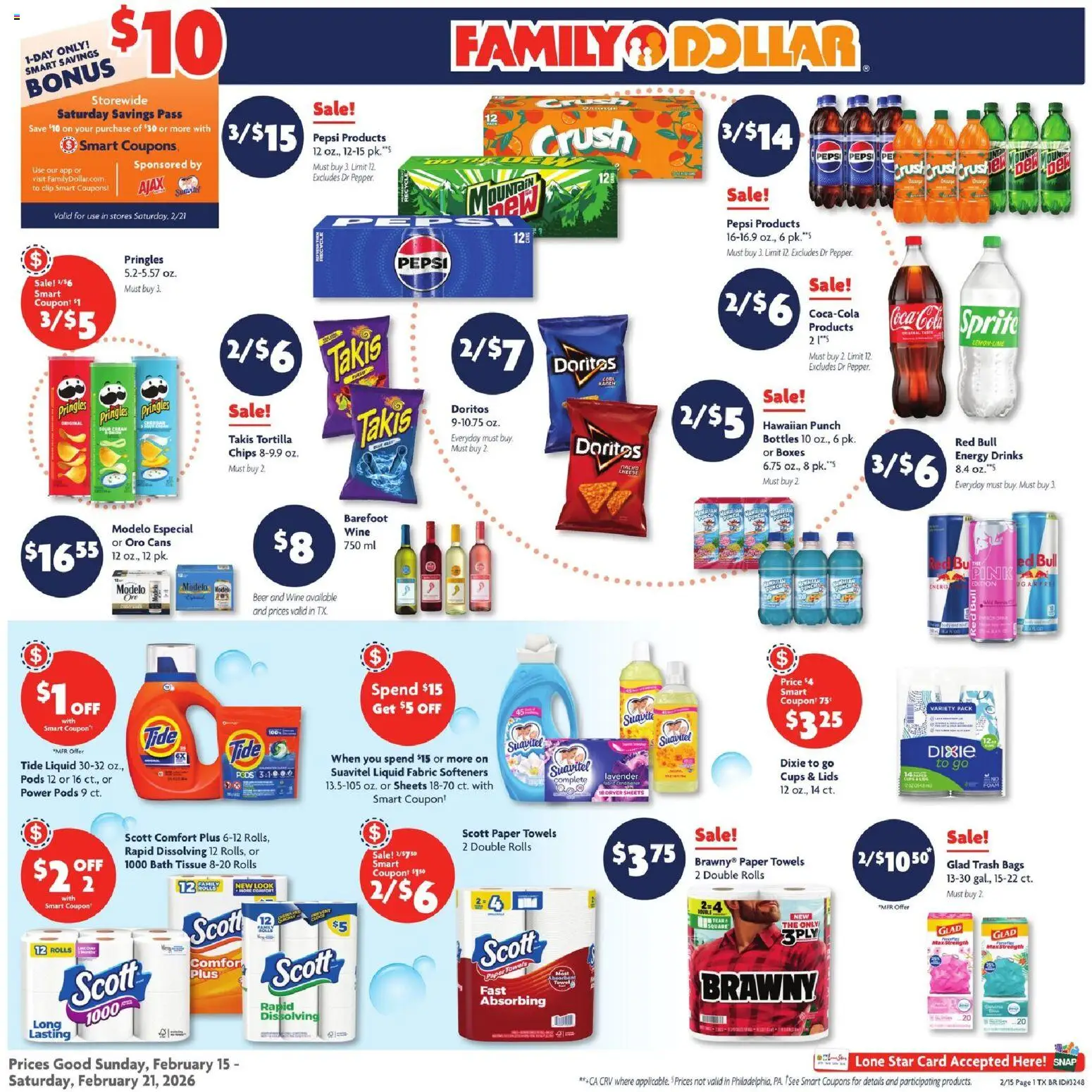 Family Dollar Weekly Ad - valid from 15.02.2026 | Page: 1 | Products: Wine, Beer, Chips, Pepper