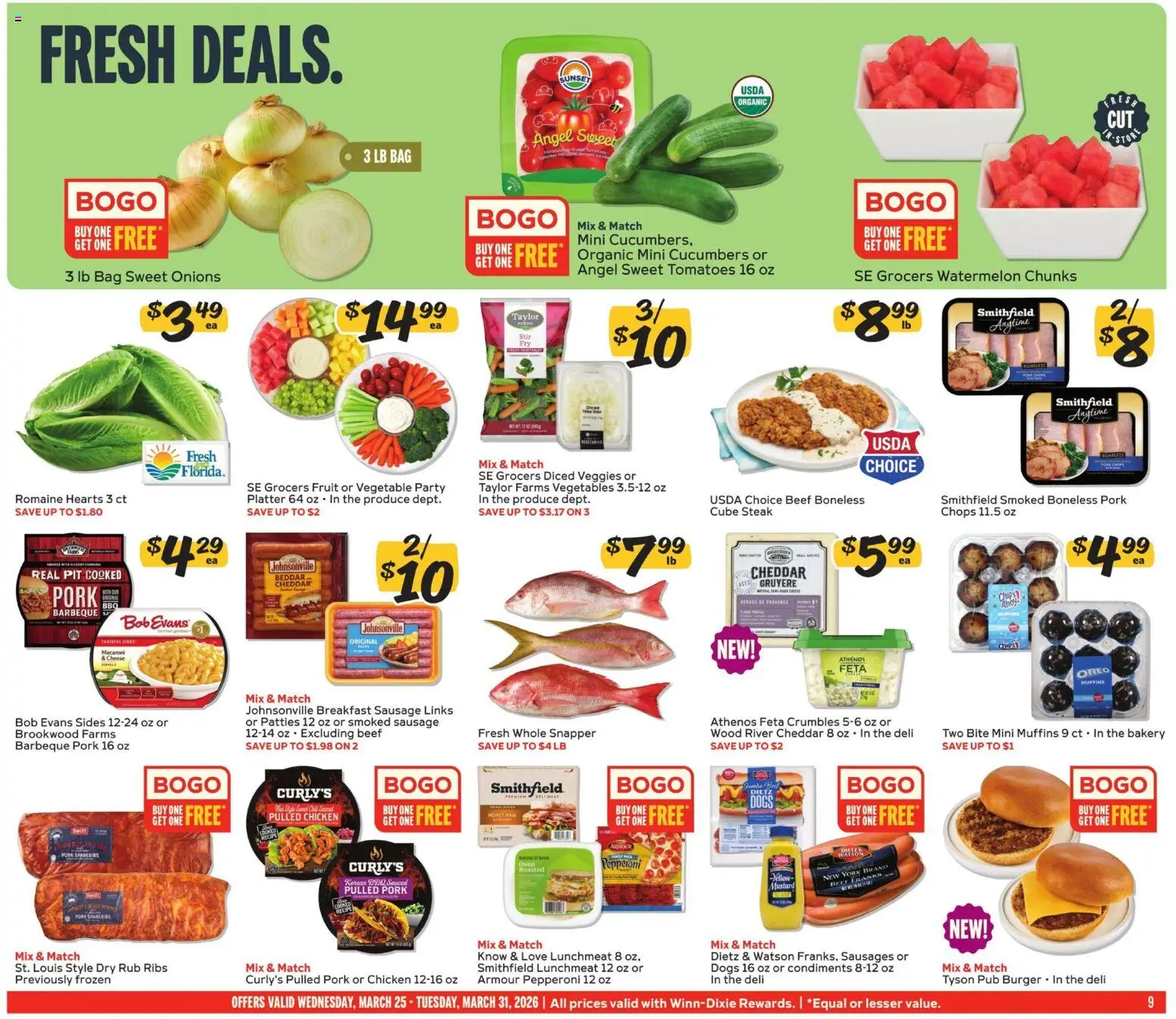 Winn Dixie Weekly Ad - valid from 25.03.2026 | Page: 9 | Products: Romaine, Tomatoes, Beef, Sausage