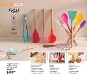 Vista previa de Juego de utensilios, Madera y silicón. (197157) 59 pts. Incluye: Brocha, Espátula curva, Volteador liso, Cuchara lisa, Servidor de Pasta, Cucharón, Volteador ranurado, Espátula recta, Pinzas, Cuchara ranurada, Batidor globo. Resisten hasta 200° de temperatura. Mango de madera y cabezales de silicona. Ideales para ayudarte a preparar tus recetas., nuevo folleto de la tienda, válido en México a partir del 10.01.2026 | Página: 44 | Productos: Espátula, Juego, Cocina, Cuchara