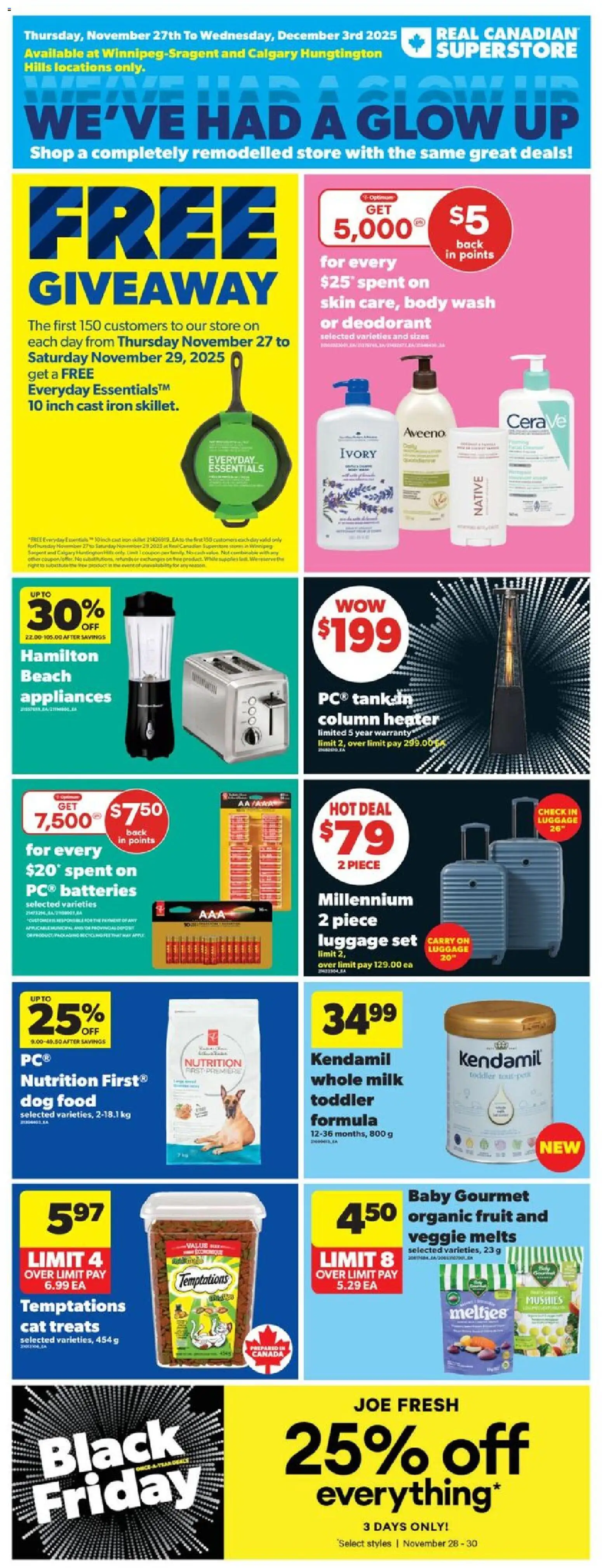 Real Canadian Superstore flyer valid from 27.11.2025 | Page: 1 | Products: Iron, Body wash, Deodorant, Milk