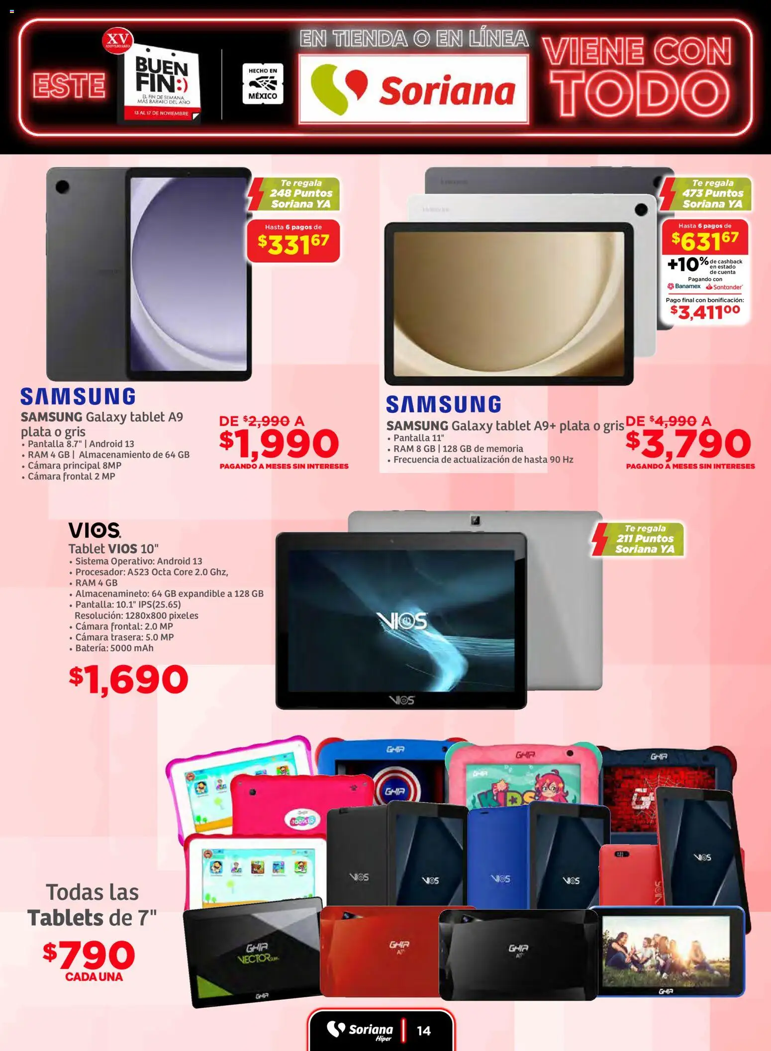 Nuevas ofertas de Soriana válidas en toda la República Mexicana desde el 13.11.2025. ¡Encuentra las mejores ofertas en Soriana Buen Fin ! | Página: 14 | Productos: Tablet, Cámara, Té, Batería