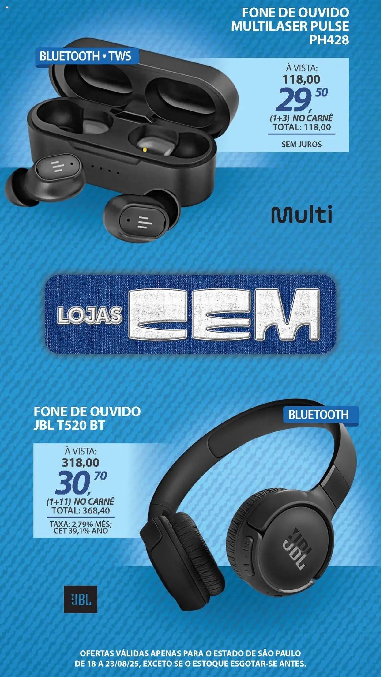 Lojas Cem Folheto - válido de 18.08.2025 | Página: 28 | Produtos: Carne, Fone de ouvido