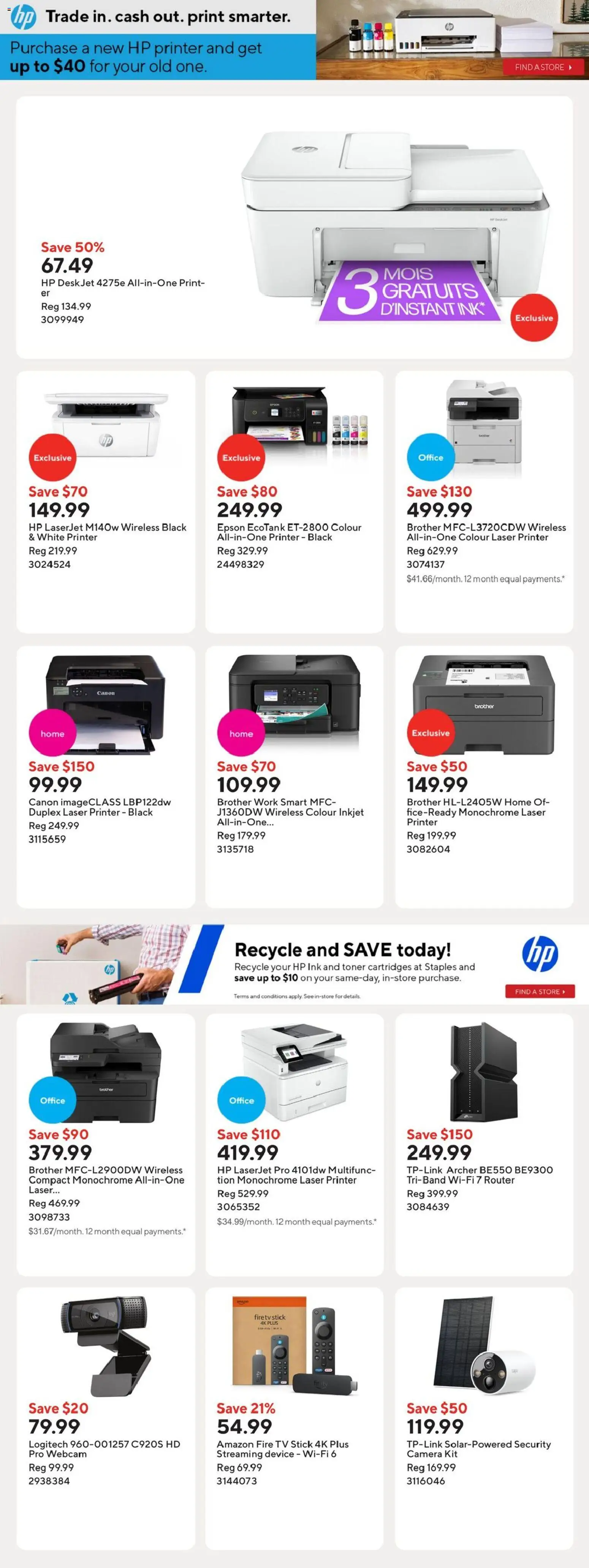 Staples flyer valid from 09.01.2026 | Page: 12 | Products: Printer, Tv, Camera, Toner