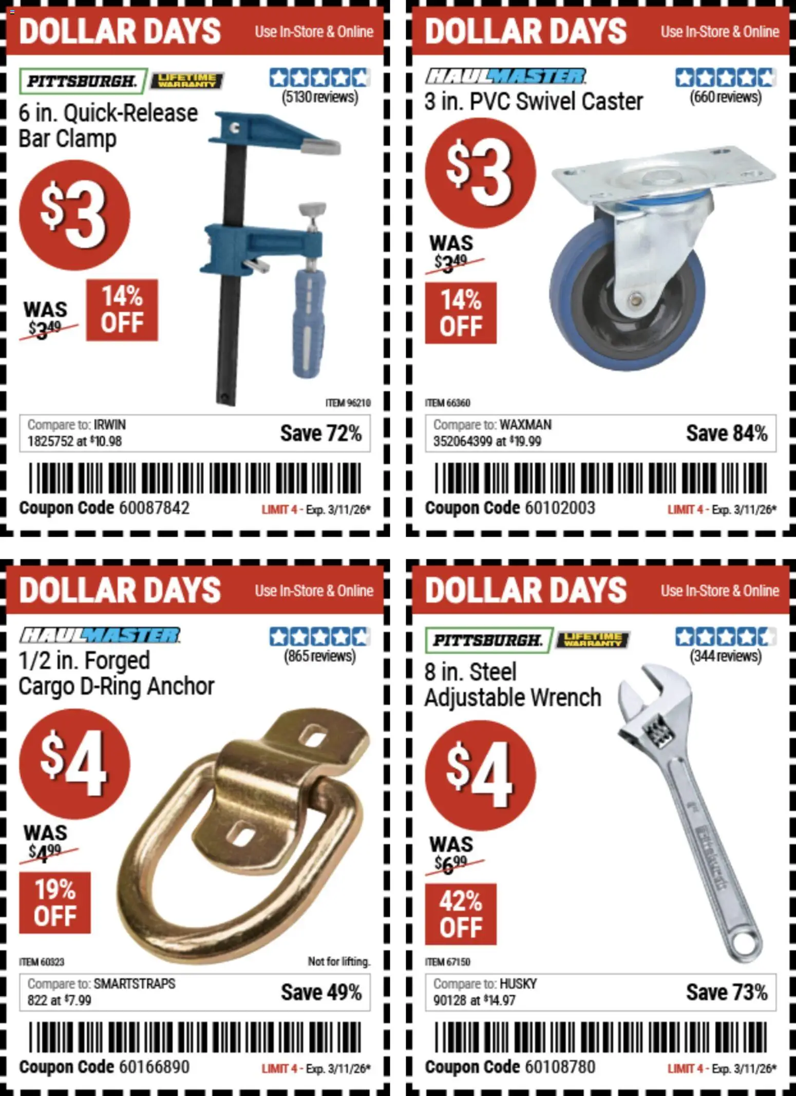 Harbor Freight Dollar Days - valid from 26.02.2026 | Page: 6 | Products: Clamp, Swivel, Caster, Bar Clamp