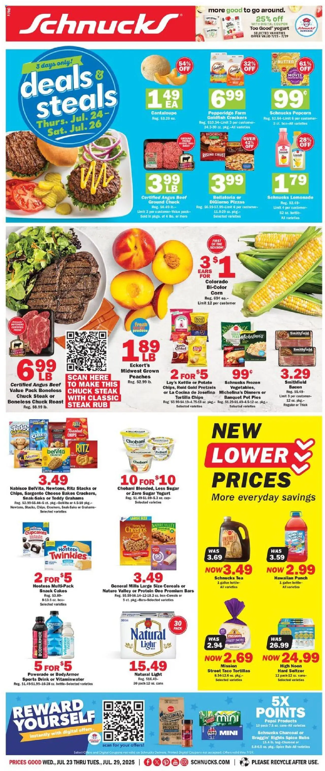 Schnucks Weekly Ad - valid from 23.07.2025 | Page: 1 | Products: Cheese, Yogurt, Cereals, Chips
